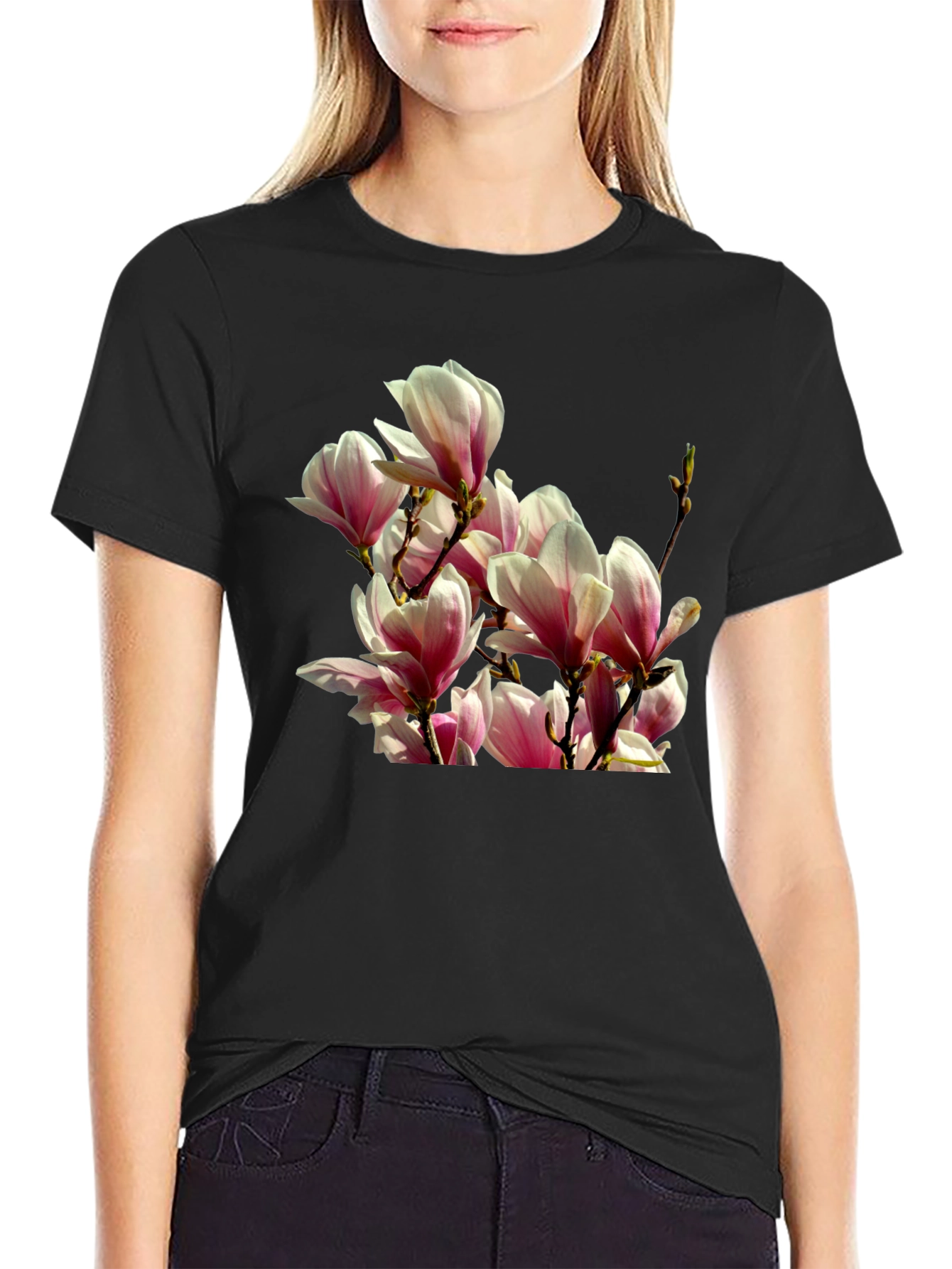 Floral Magnolia Graphic Tee - Black Cotton T-Shirt
