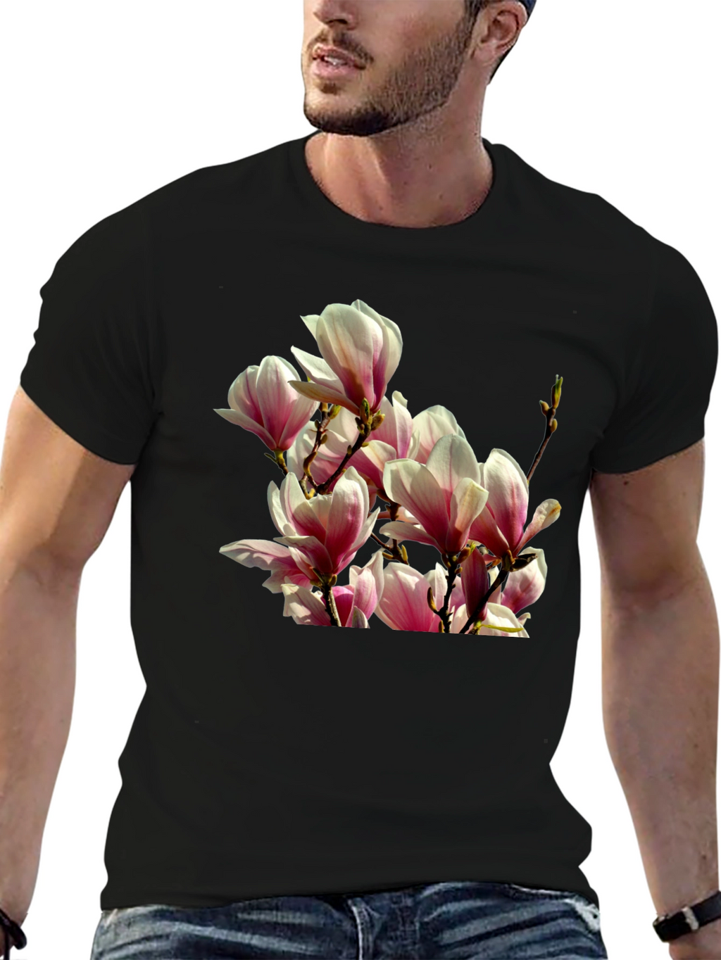 Floral Magnolia Graphic Tee - Black Cotton T-Shirt
