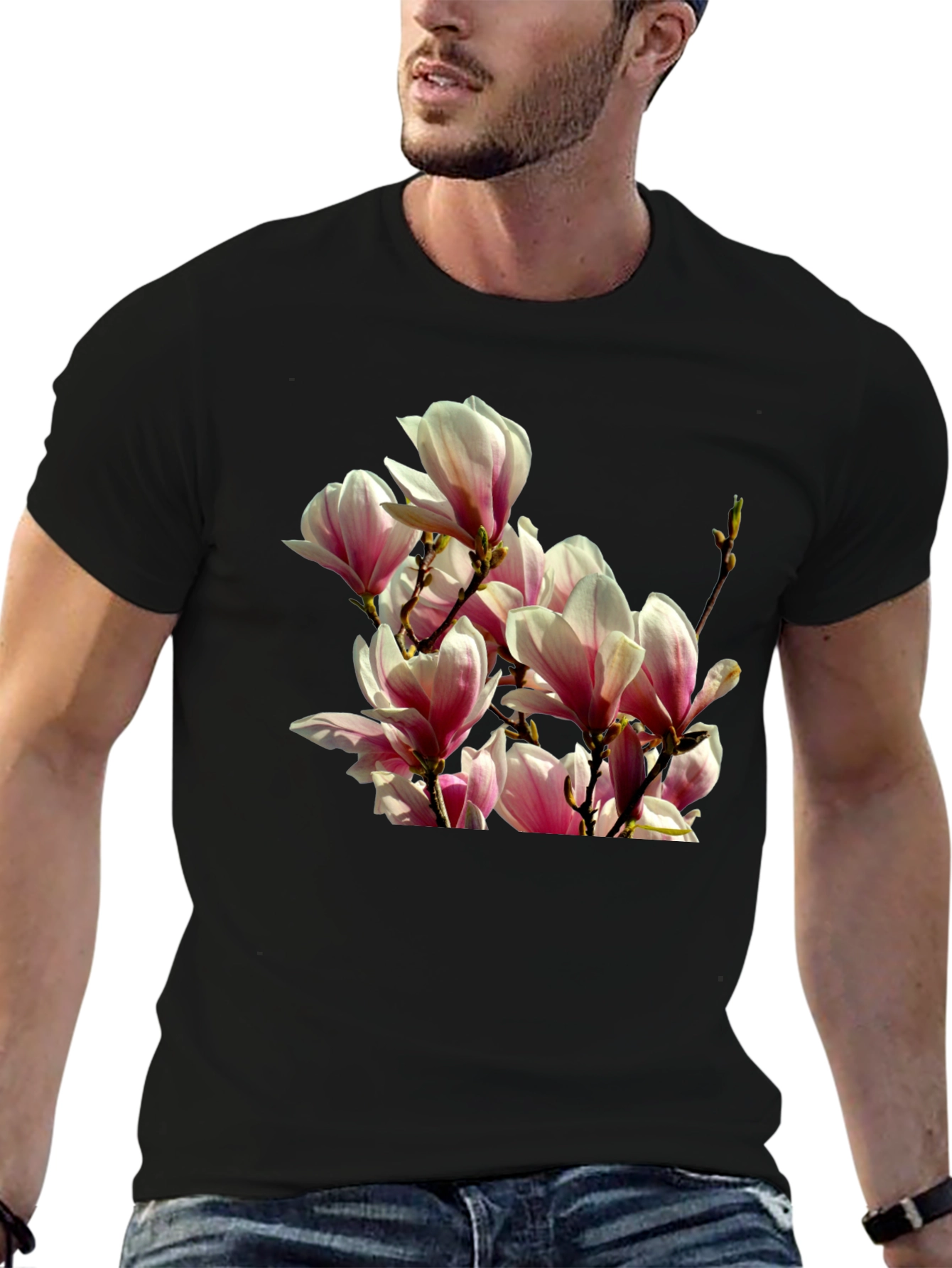 Floral Magnolia Graphic Tee - Black Cotton T-Shirt