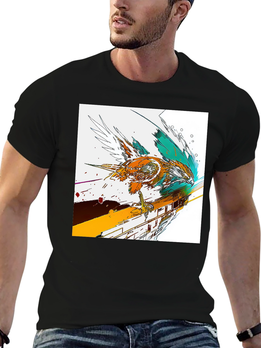 Abstract Bird Graphic Print Black T-Shirt