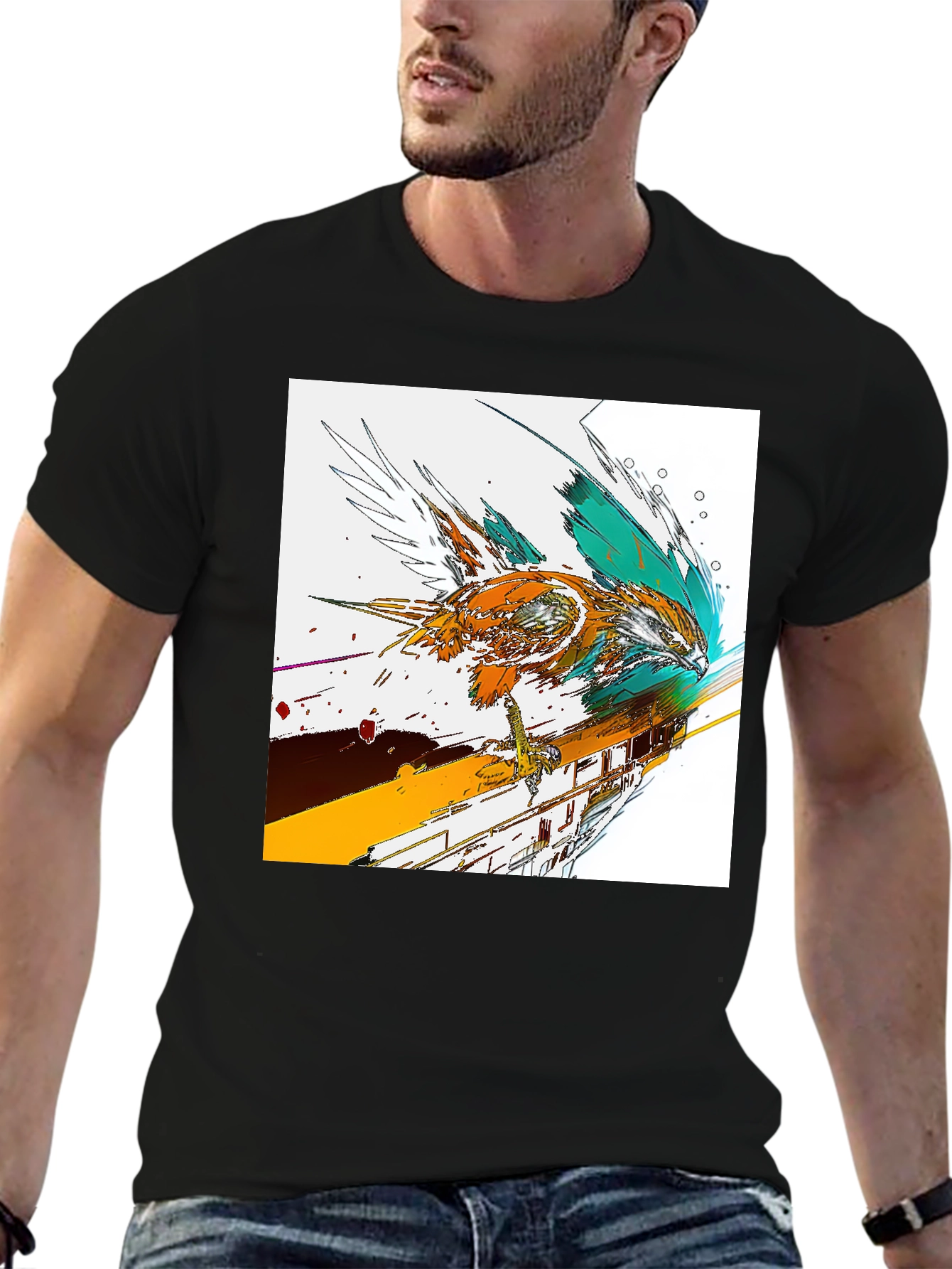Abstract Bird Graphic Print Black T-Shirt