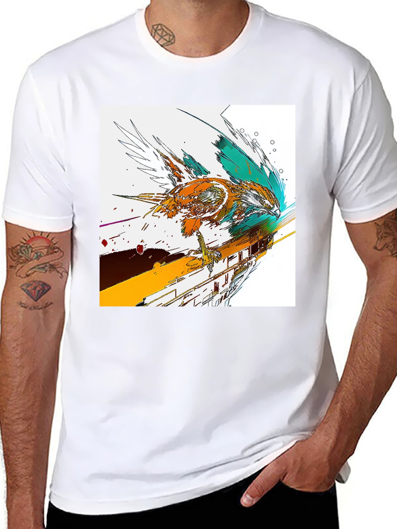Abstract Bird Graphic Print Black T-Shirt