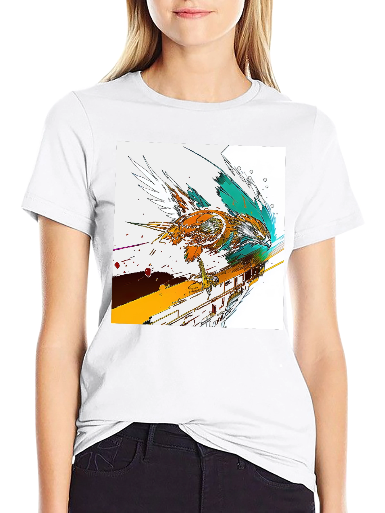 Abstract Bird Graphic Print Black T-Shirt