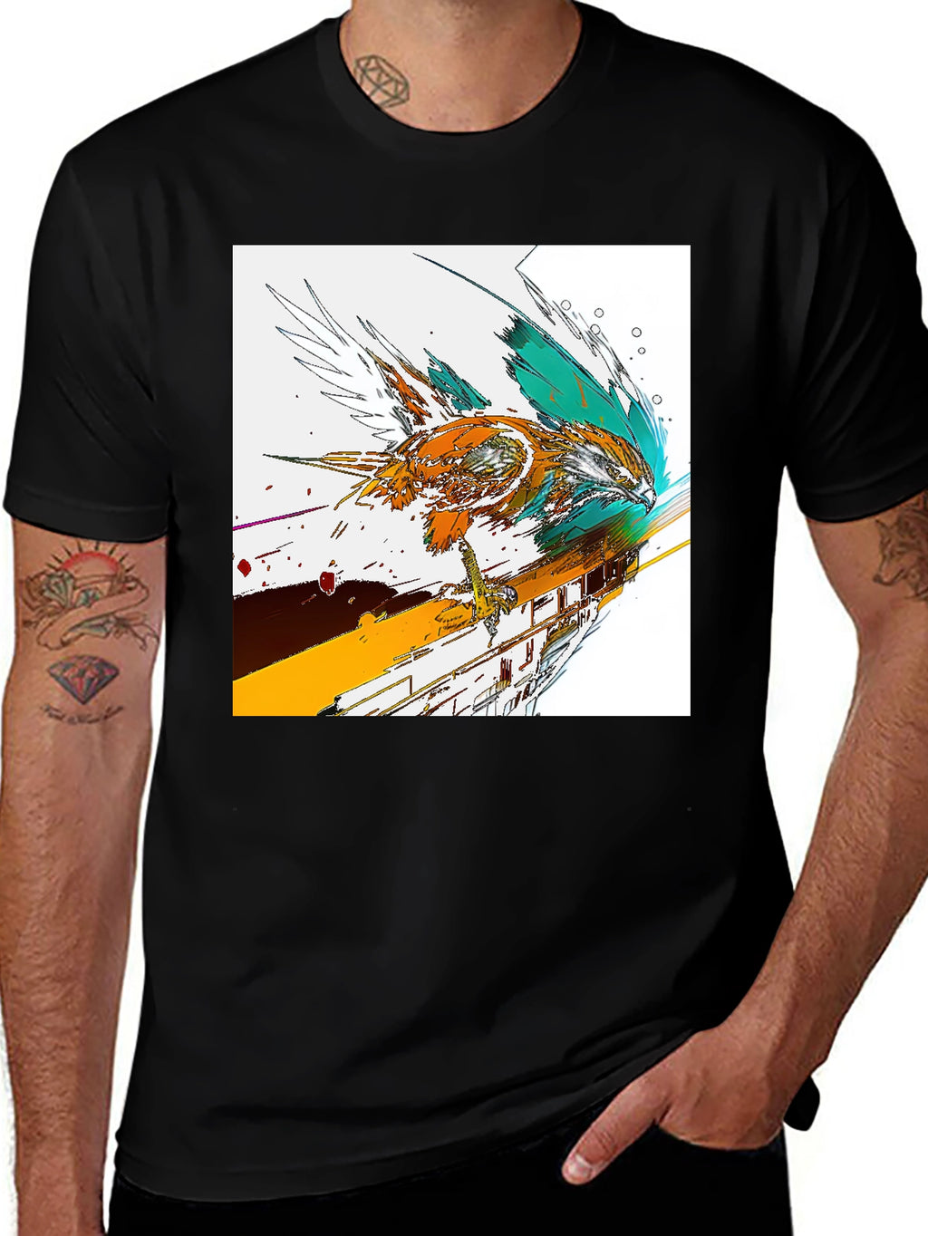 Abstract Bird Graphic Print Black T-Shirt