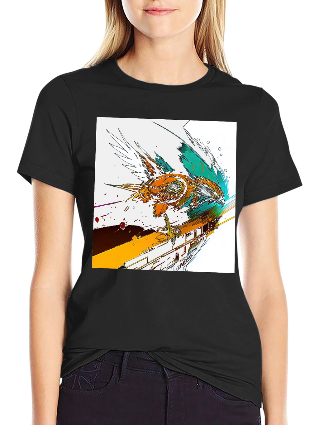 Abstract Bird Graphic Print Black T-Shirt