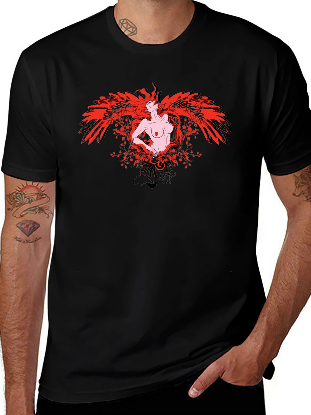 Phoenix Woman Graphic Print T-Shirt - Black