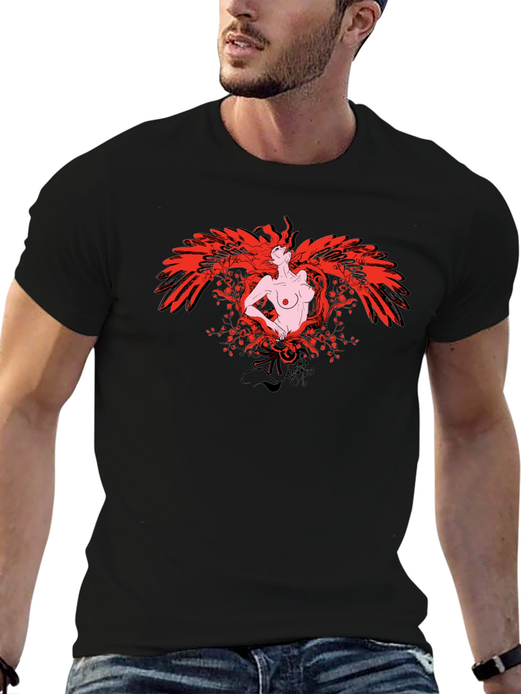Phoenix Woman Graphic Print T-Shirt - Black