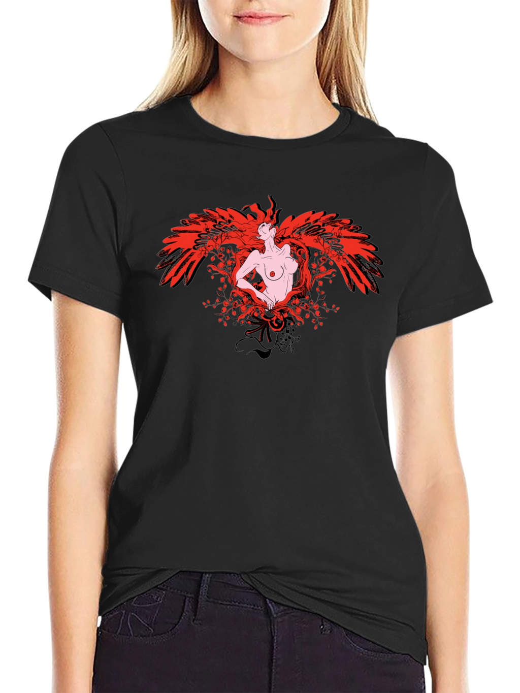 Phoenix Woman Graphic Print T-Shirt - Black