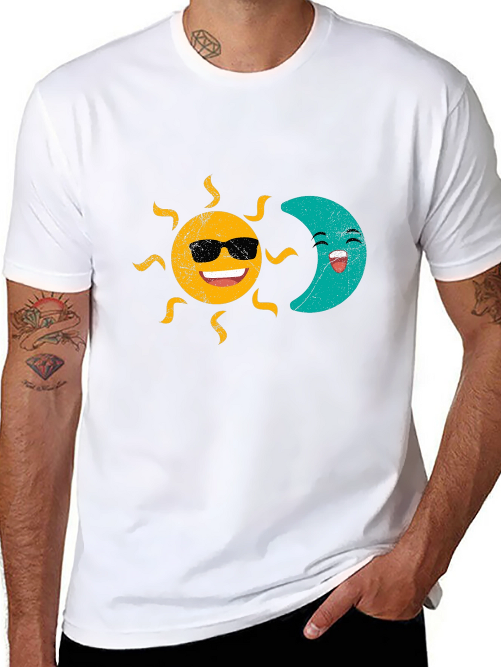 Sun & Moon Graphic T-Shirt - Smiling Celestial Design