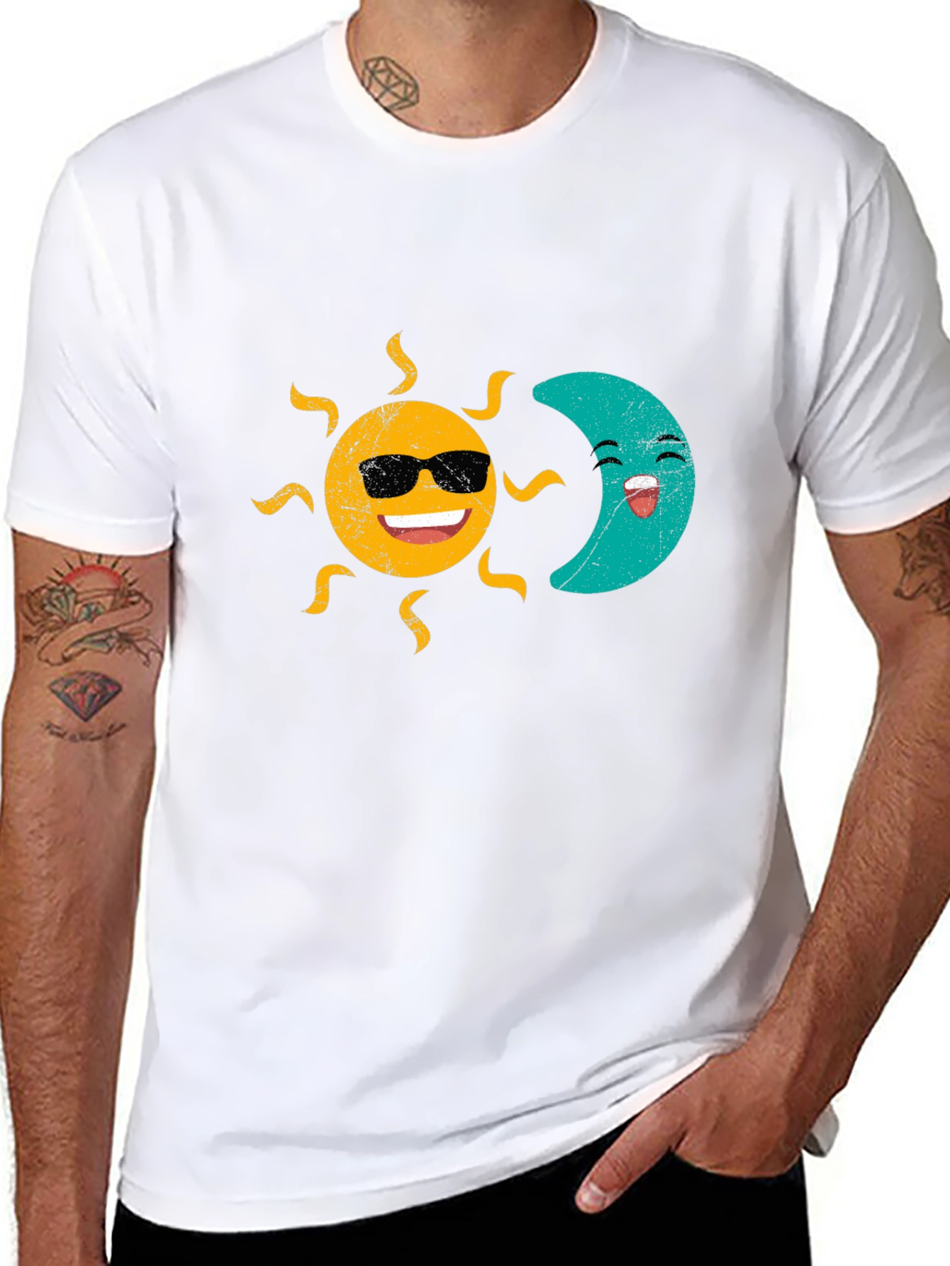 Sun & Moon Graphic T-Shirt - Smiling Celestial Design