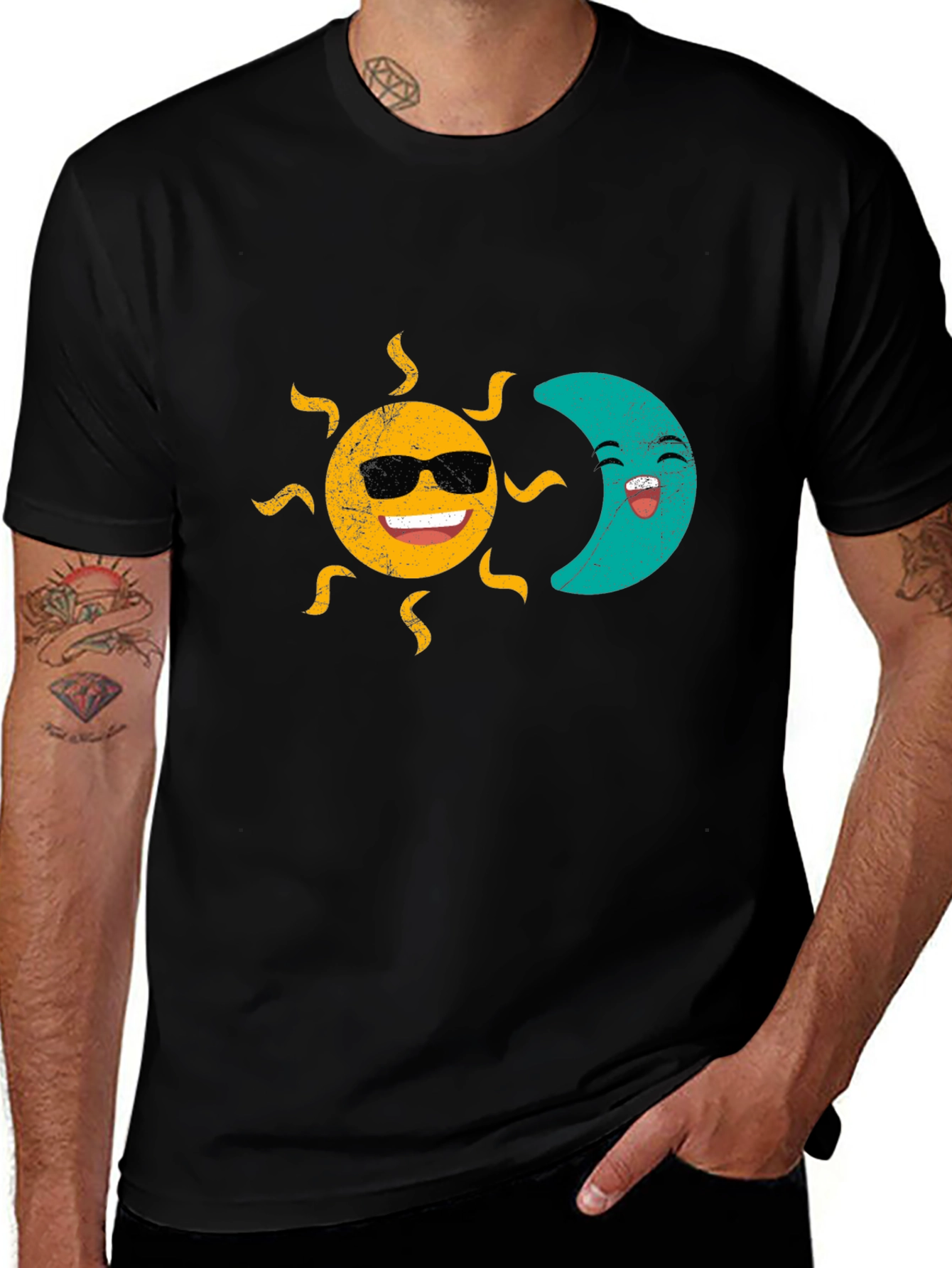 Sun & Moon Graphic T-Shirt - Smiling Celestial Design
