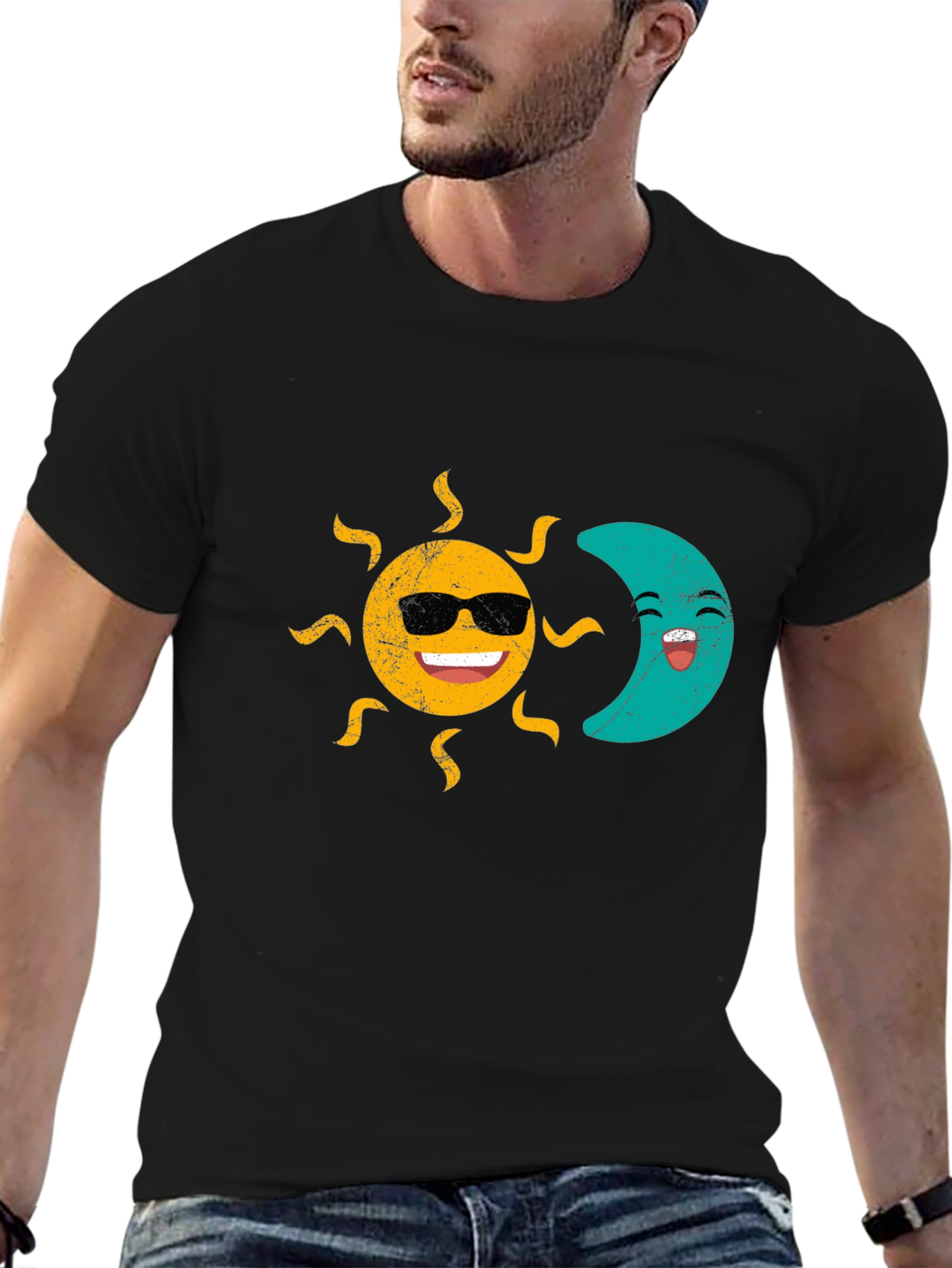 Sun & Moon Graphic T-Shirt - Smiling Celestial Design