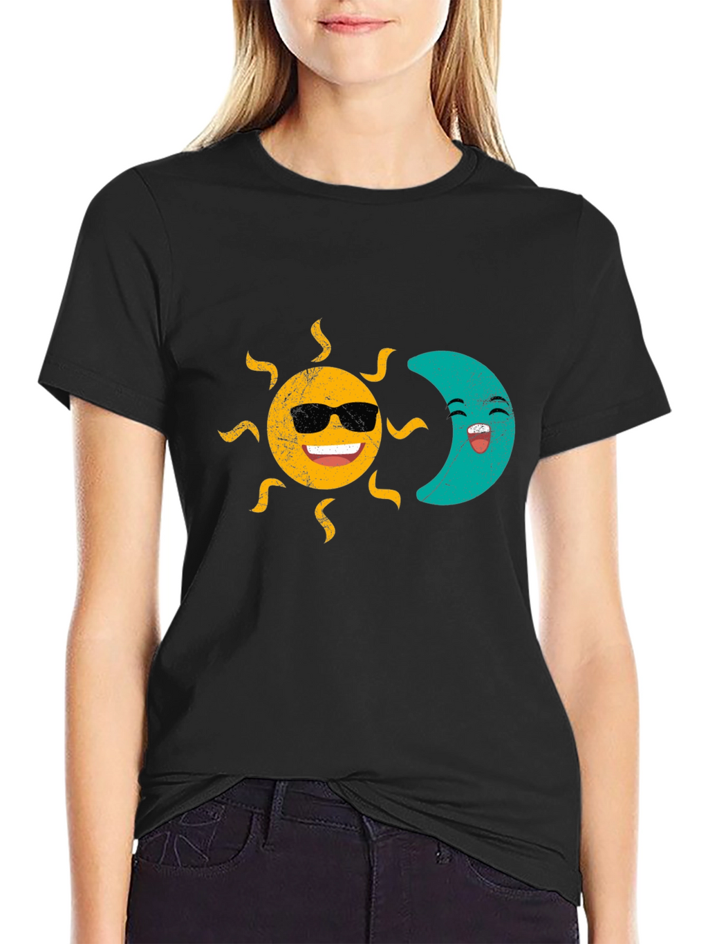 Sun & Moon Graphic T-Shirt - Smiling Celestial Design