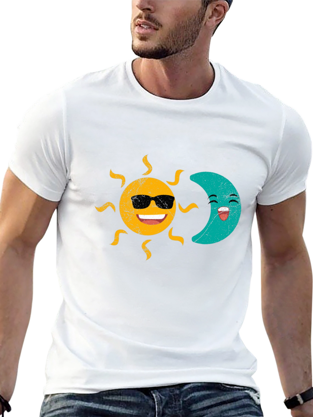 Sun & Moon Graphic T-Shirt - Smiling Celestial Design
