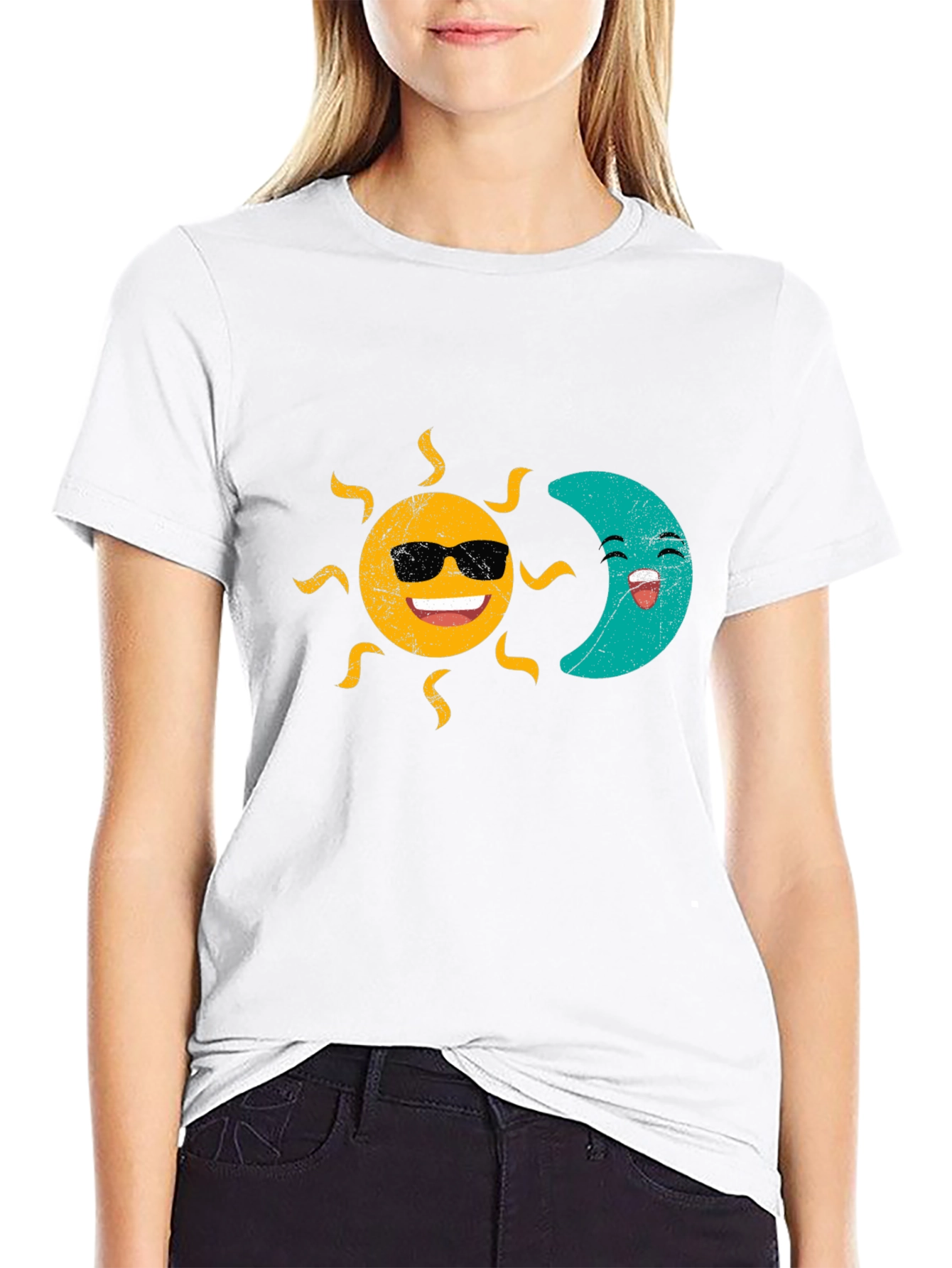 Sun & Moon Graphic T-Shirt - Smiling Celestial Design
