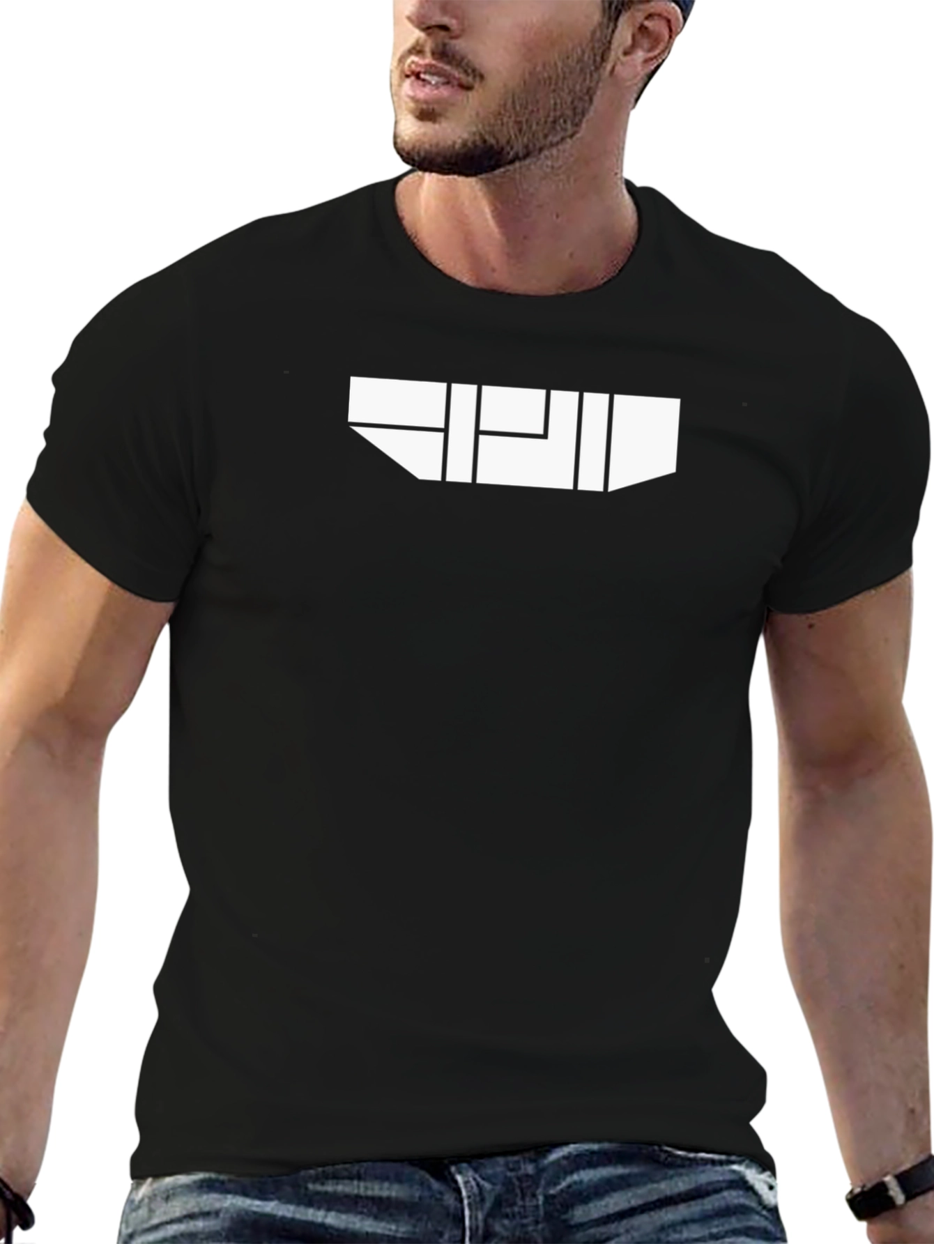 Geometric White Graphic on Black T-Shirt