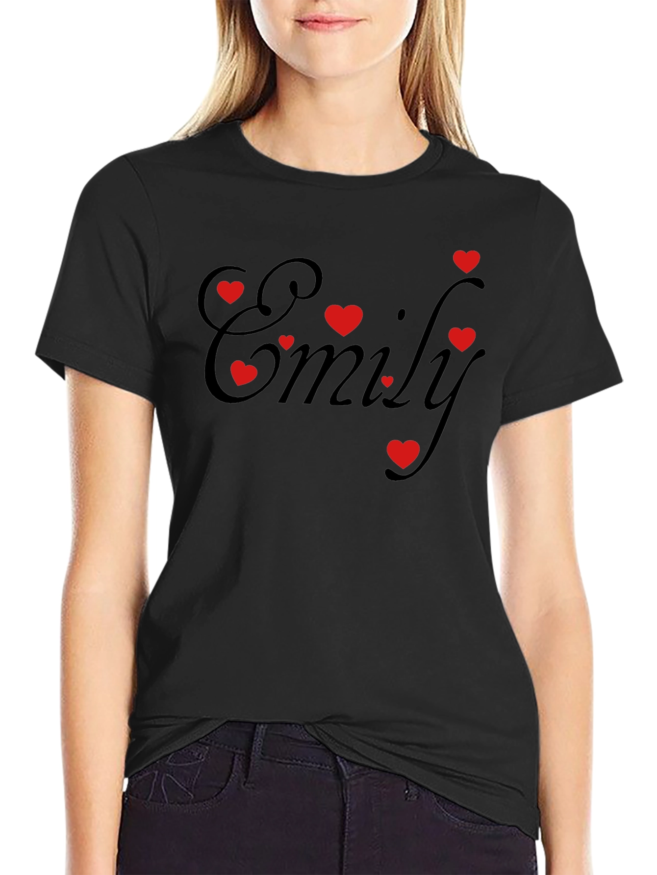 Emily Heart Graphic Tee - Black Cotton Casual Shirt