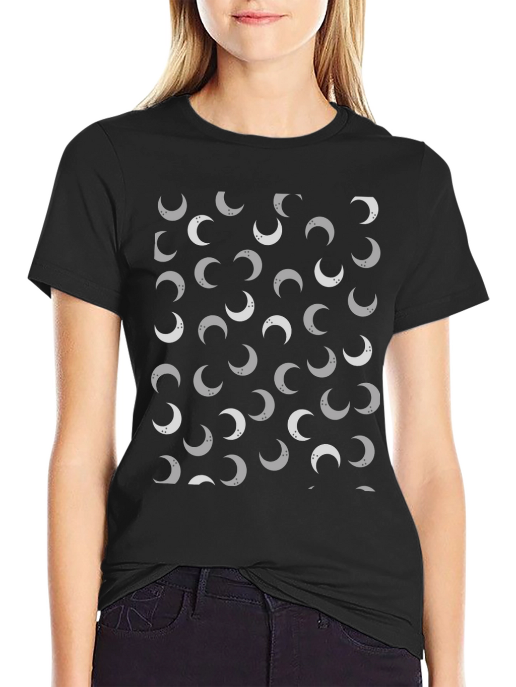Lunar Crescent Moon Pattern Black T-Shirt