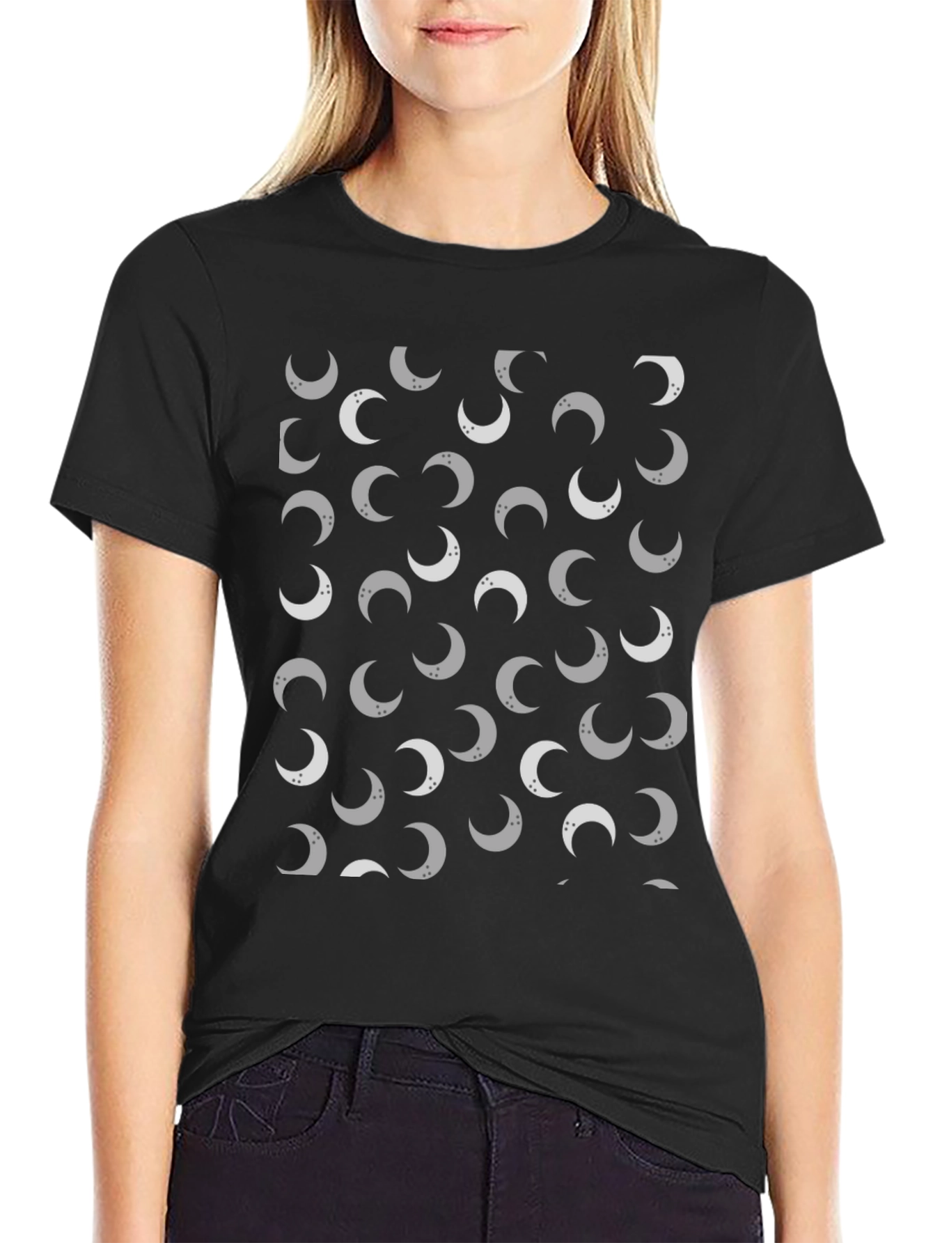 Lunar Crescent Moon Pattern Black T-Shirt