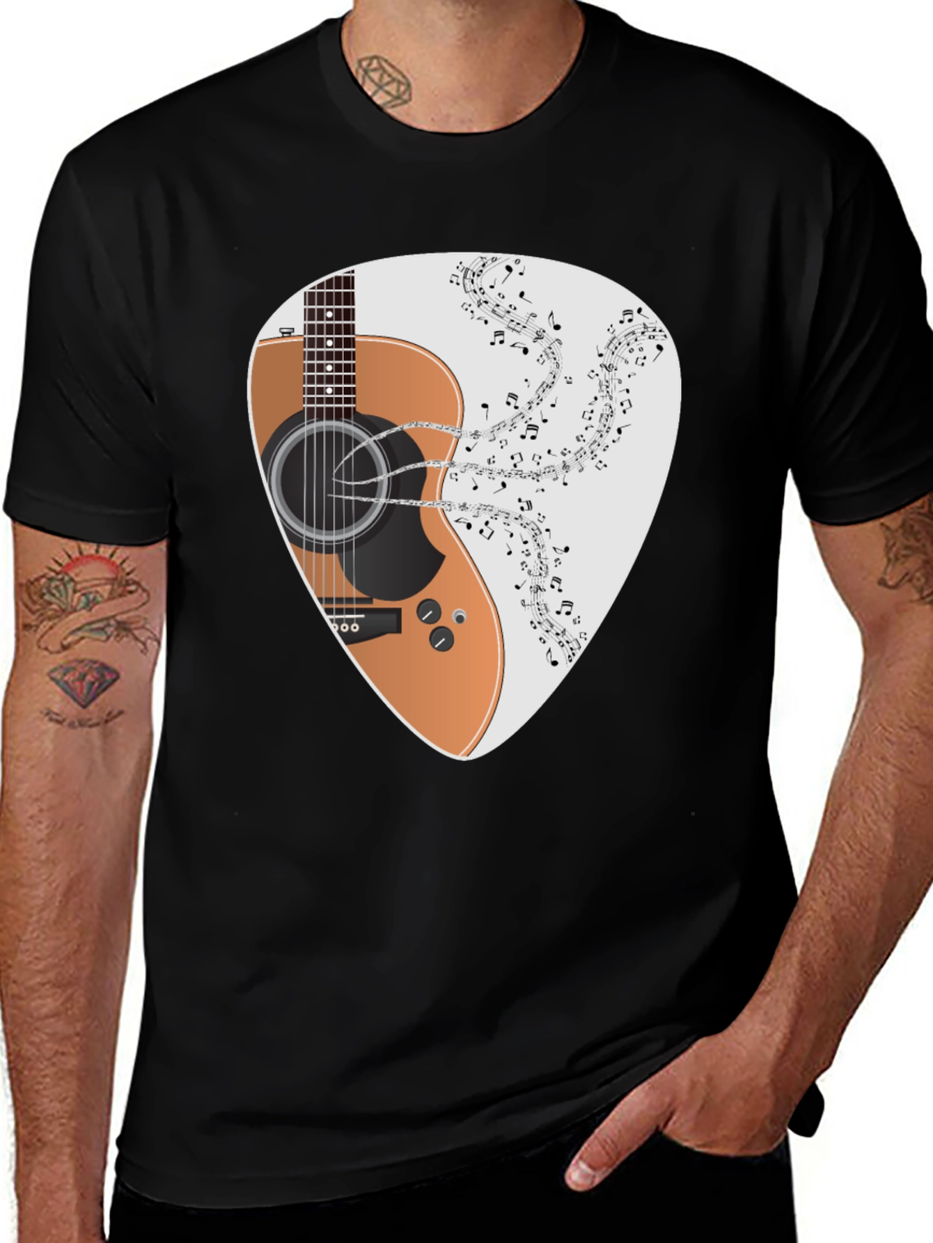 Guitar Music Note Graphic Black T-Shirt
