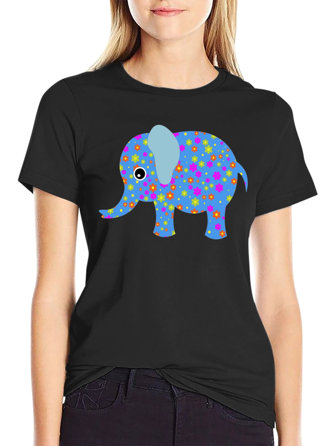 Floral Elephant Graphic Tee - Black