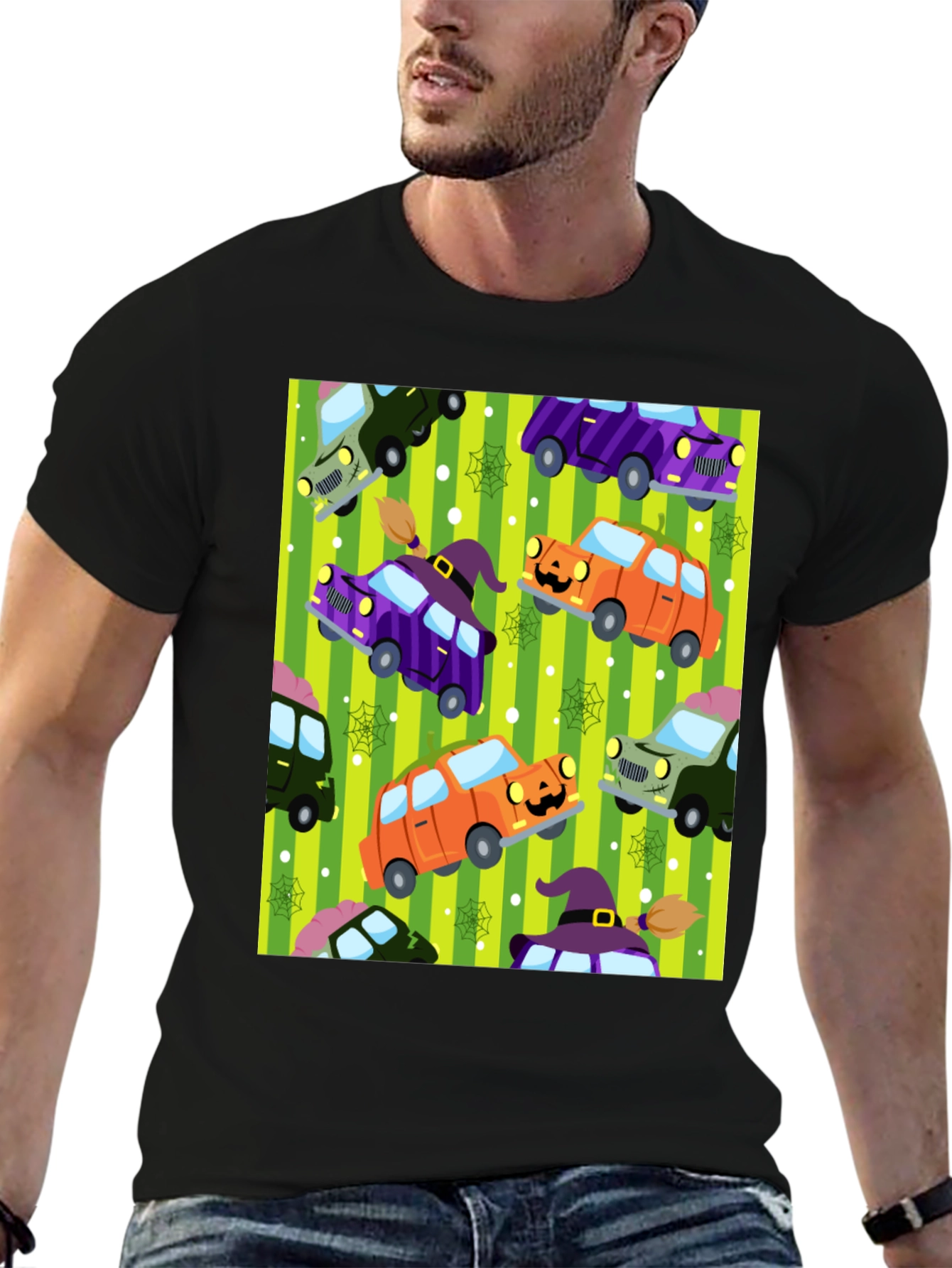 Halloween Cars Pattern Black T-Shirt