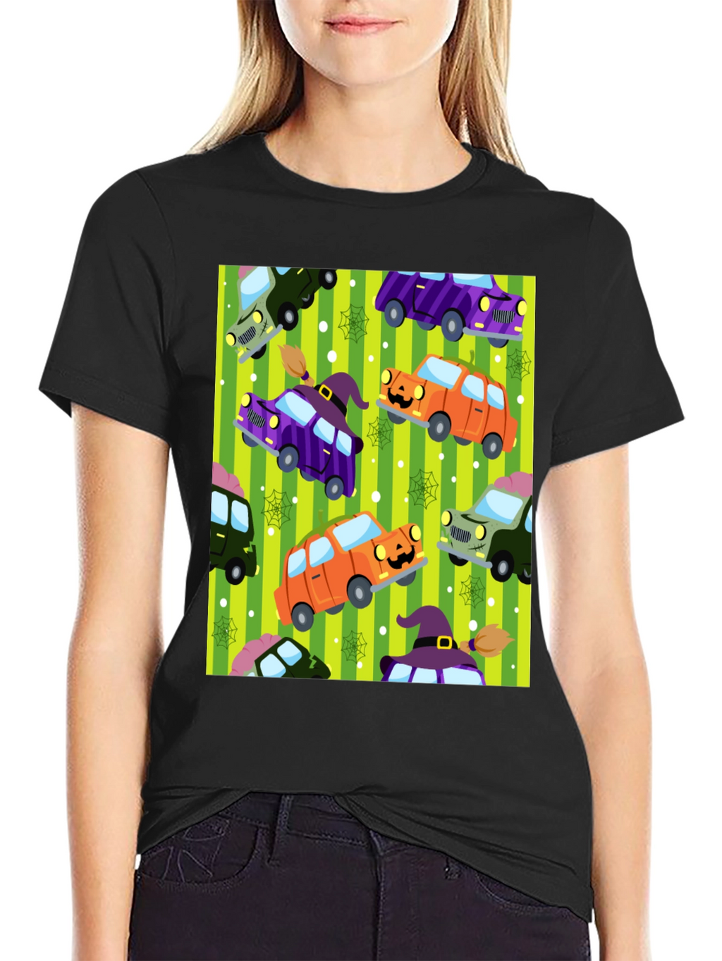 Halloween Cars Pattern Black T-Shirt