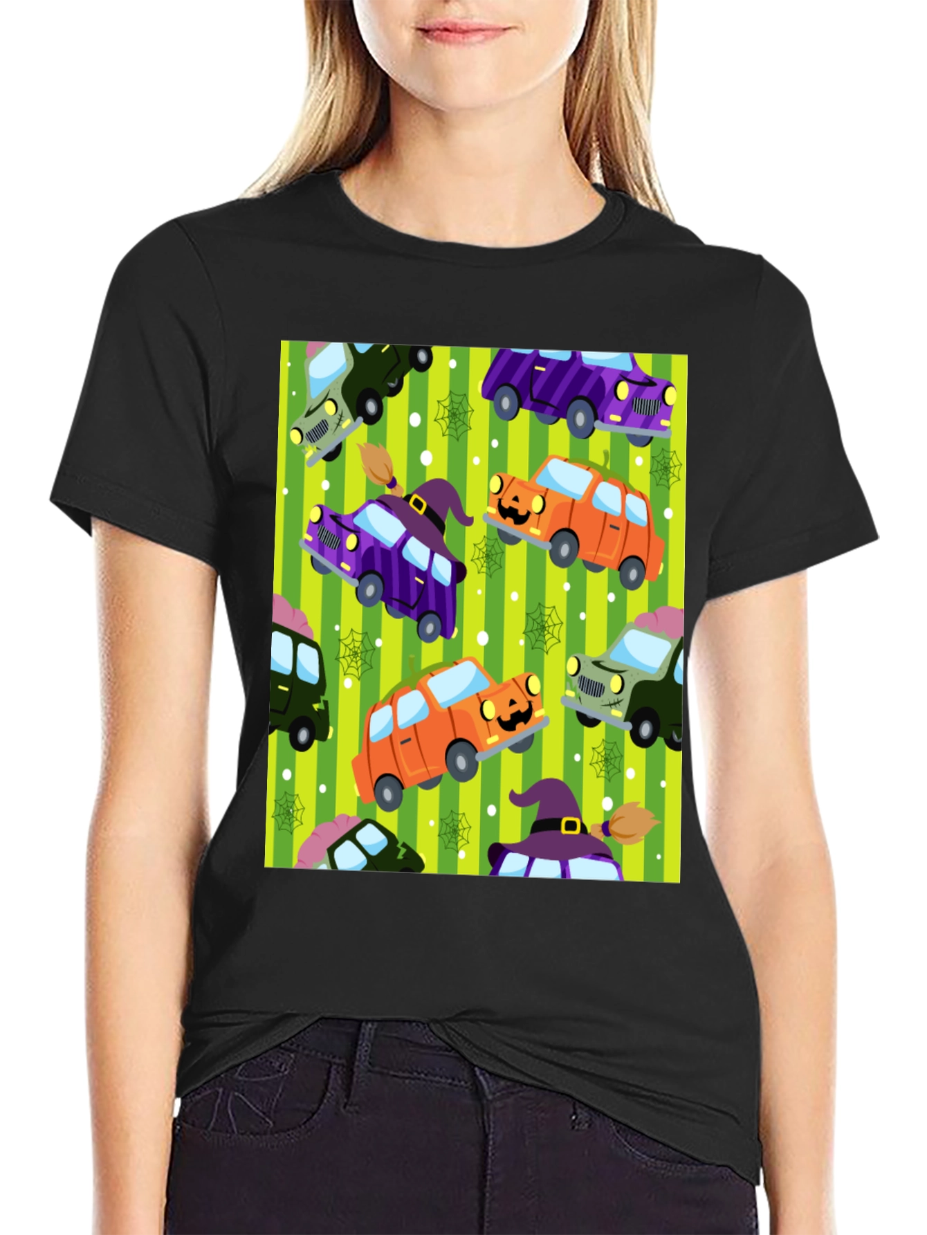 Halloween Cars Pattern Black T-Shirt