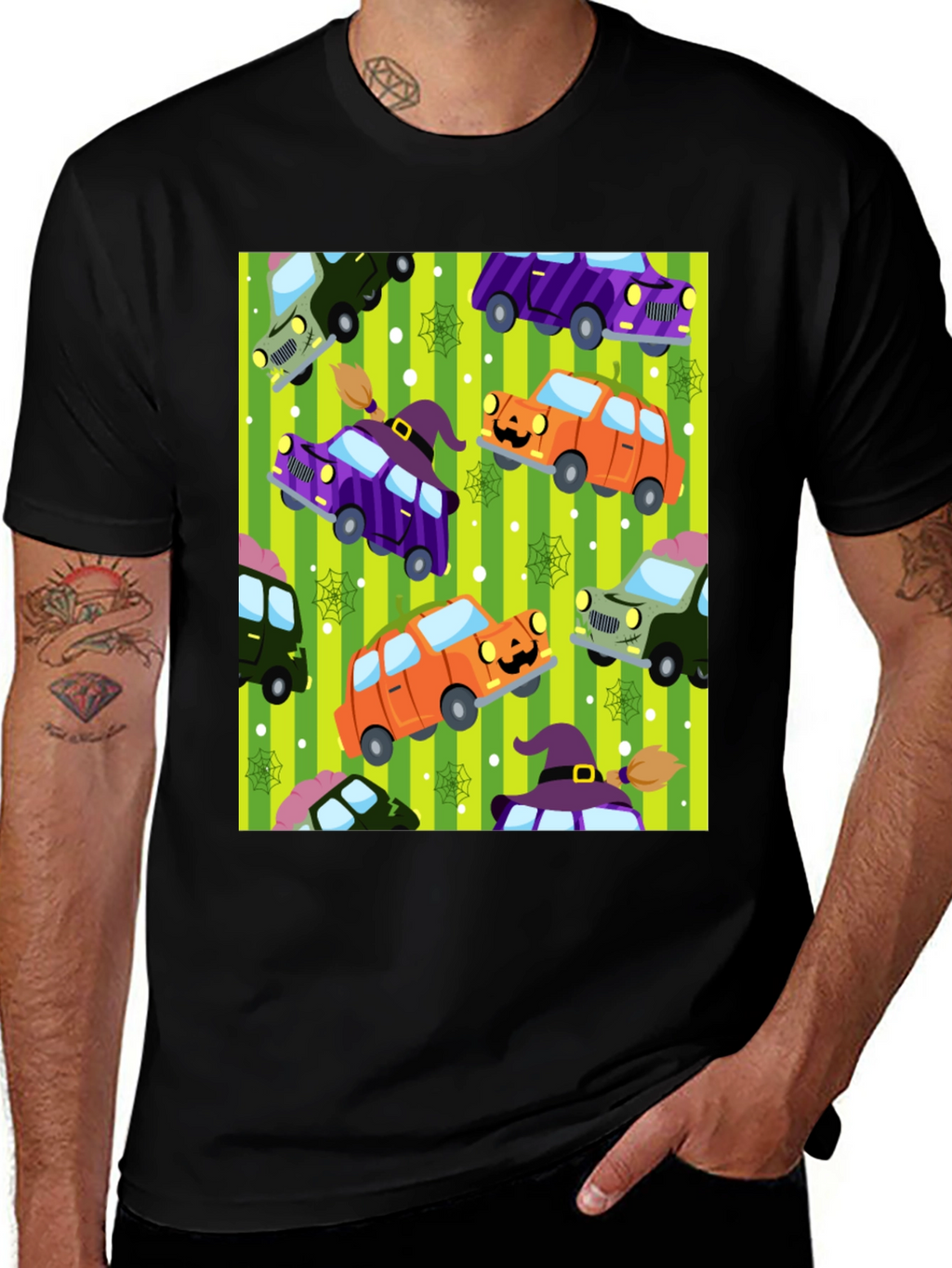 Halloween Cars Pattern Black T-Shirt