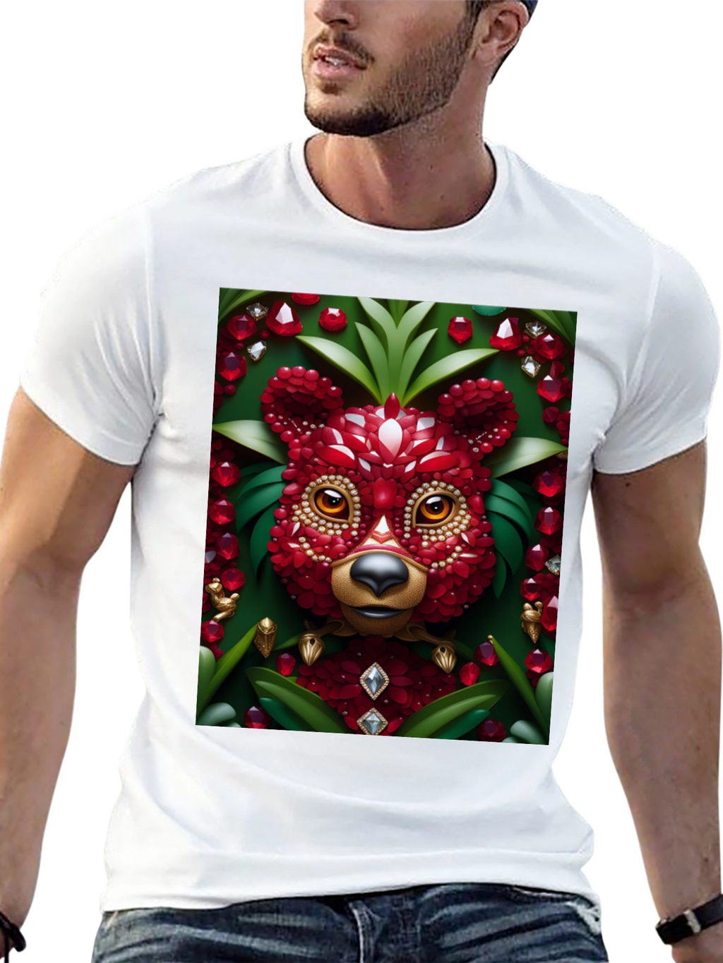 Red Jewel Bear Graphic Tee - Unique Art T-Shirt