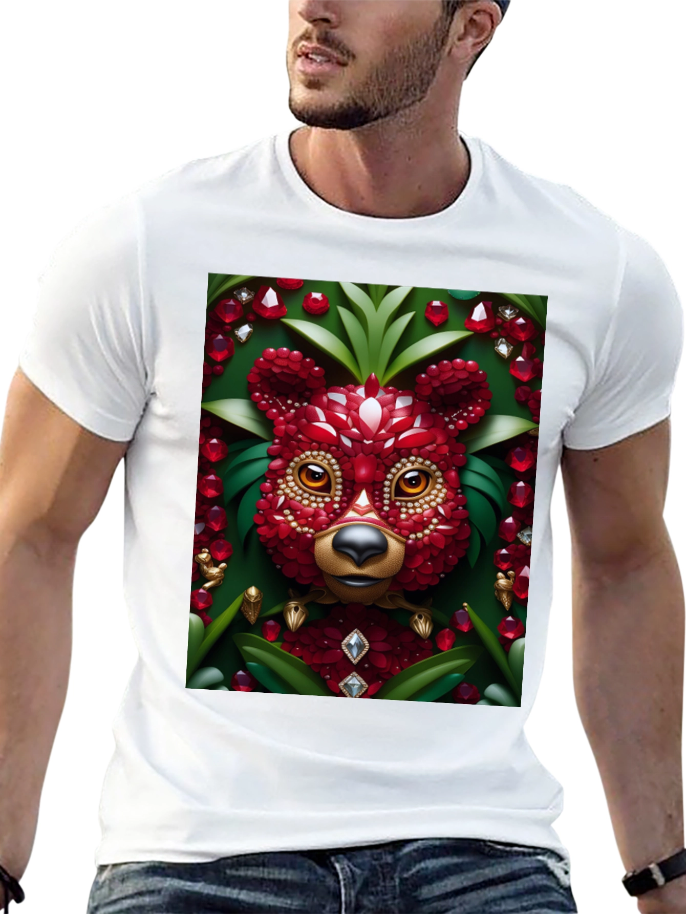 Red Jewel Bear Graphic Tee - Unique Art T-Shirt