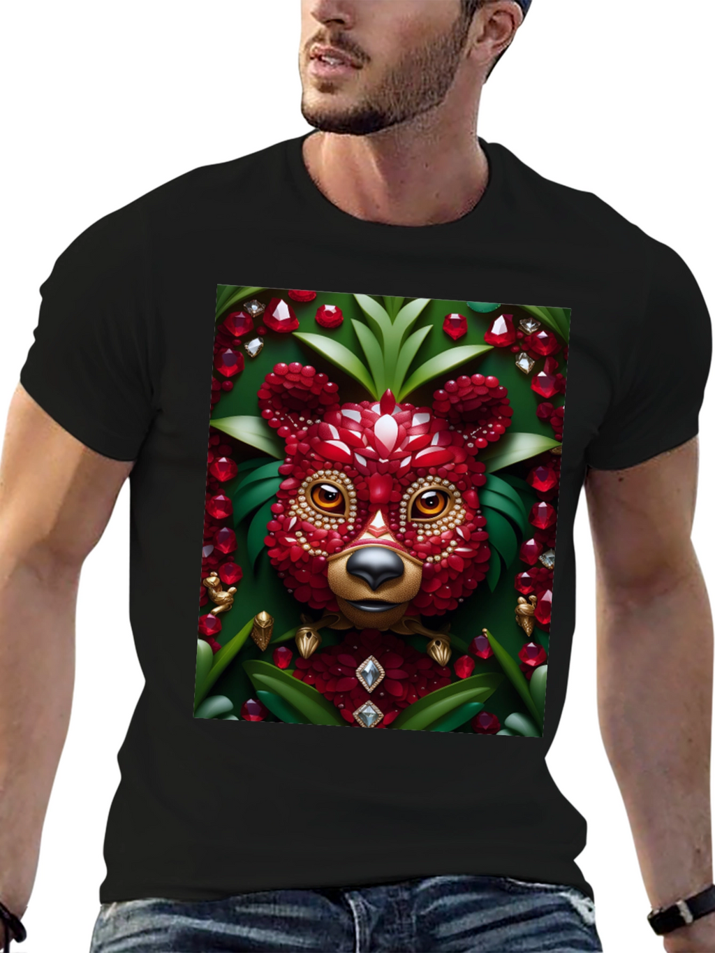 Red Jewel Bear Graphic Tee - Unique Art T-Shirt