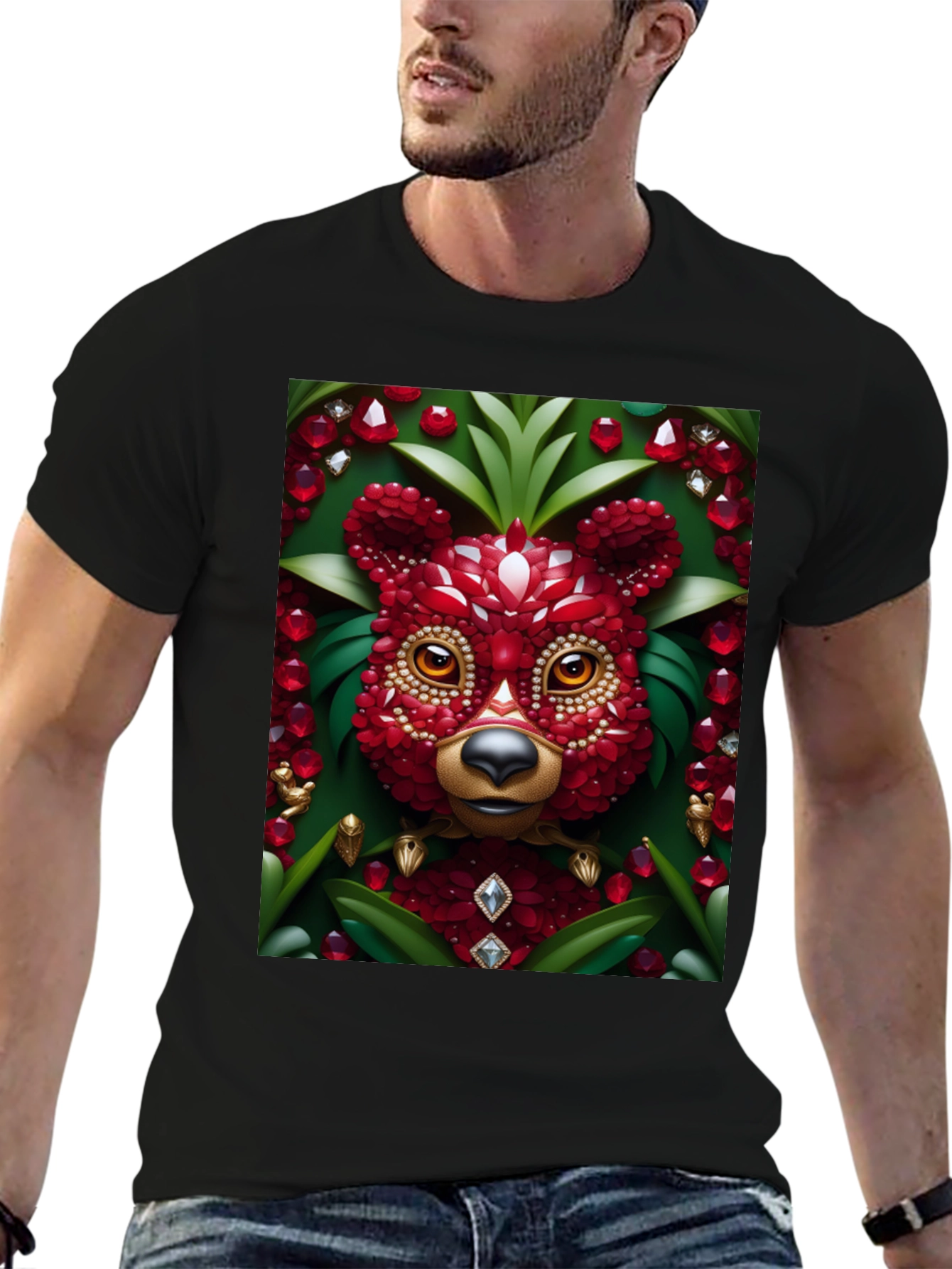 Red Jewel Bear Graphic Tee - Unique Art T-Shirt
