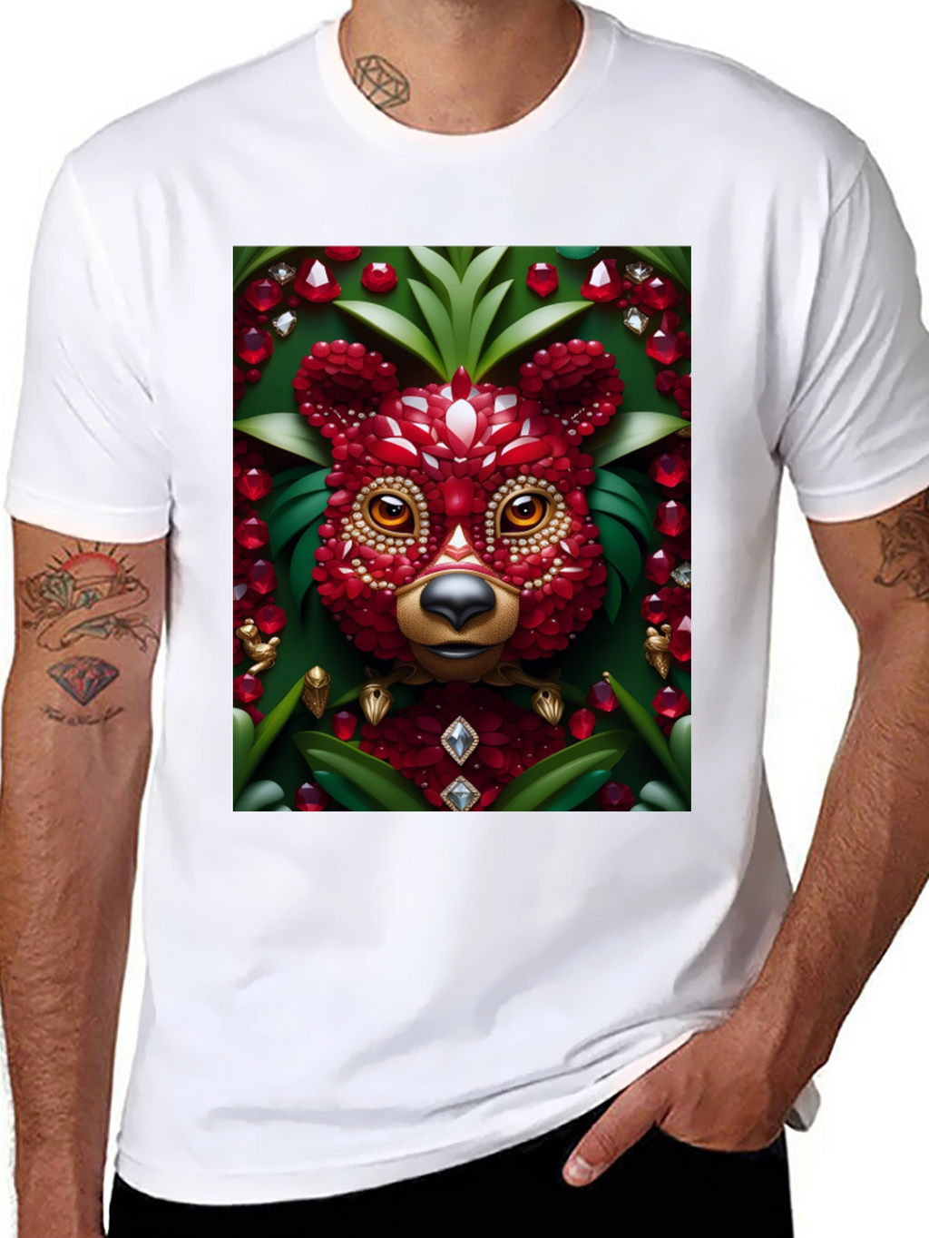 Red Jewel Bear Graphic Tee - Unique Art T-Shirt