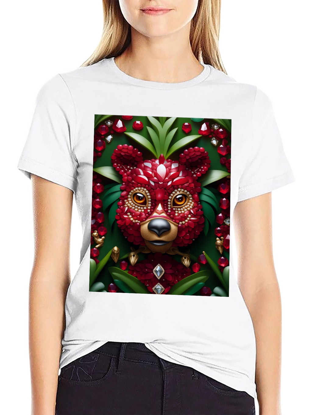 Red Jewel Bear Graphic Tee - Unique Art T-Shirt