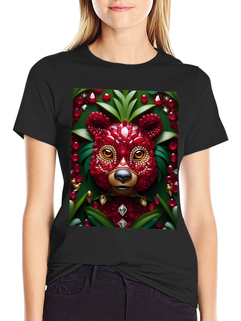 Red Jewel Bear Graphic Tee - Unique Art T-Shirt