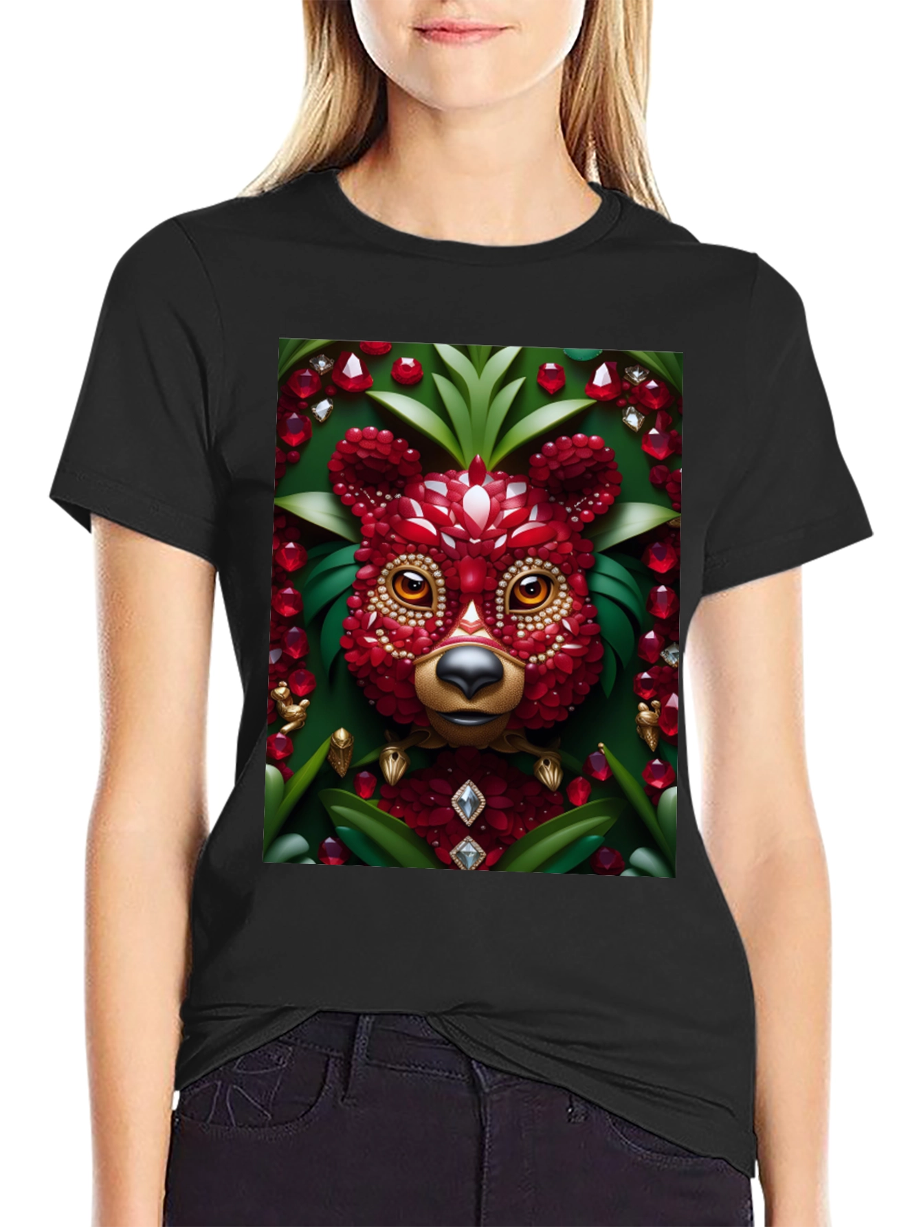 Red Jewel Bear Graphic Tee - Unique Art T-Shirt