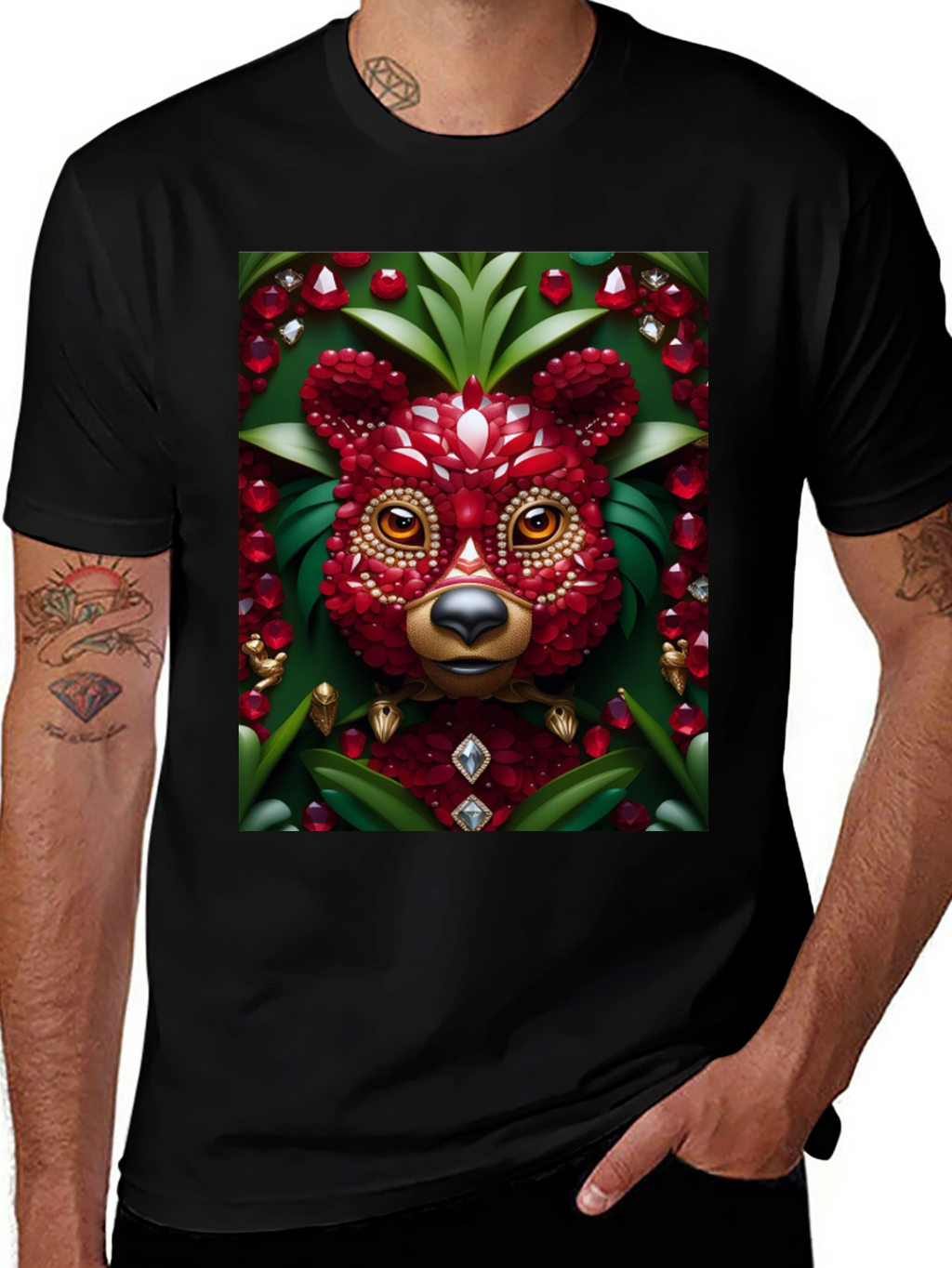 Red Jewel Bear Graphic Tee - Unique Art T-Shirt