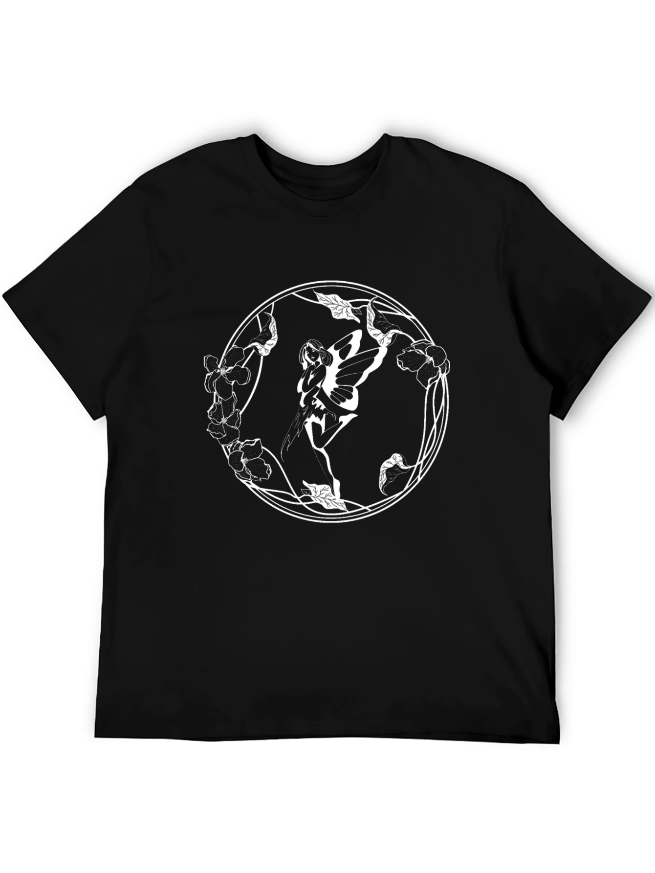 Fairy Floral Circle Graphic Black T-Shirt