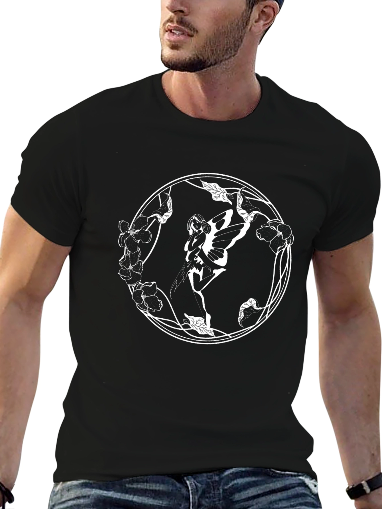 Fairy Floral Circle Graphic Black T-Shirt