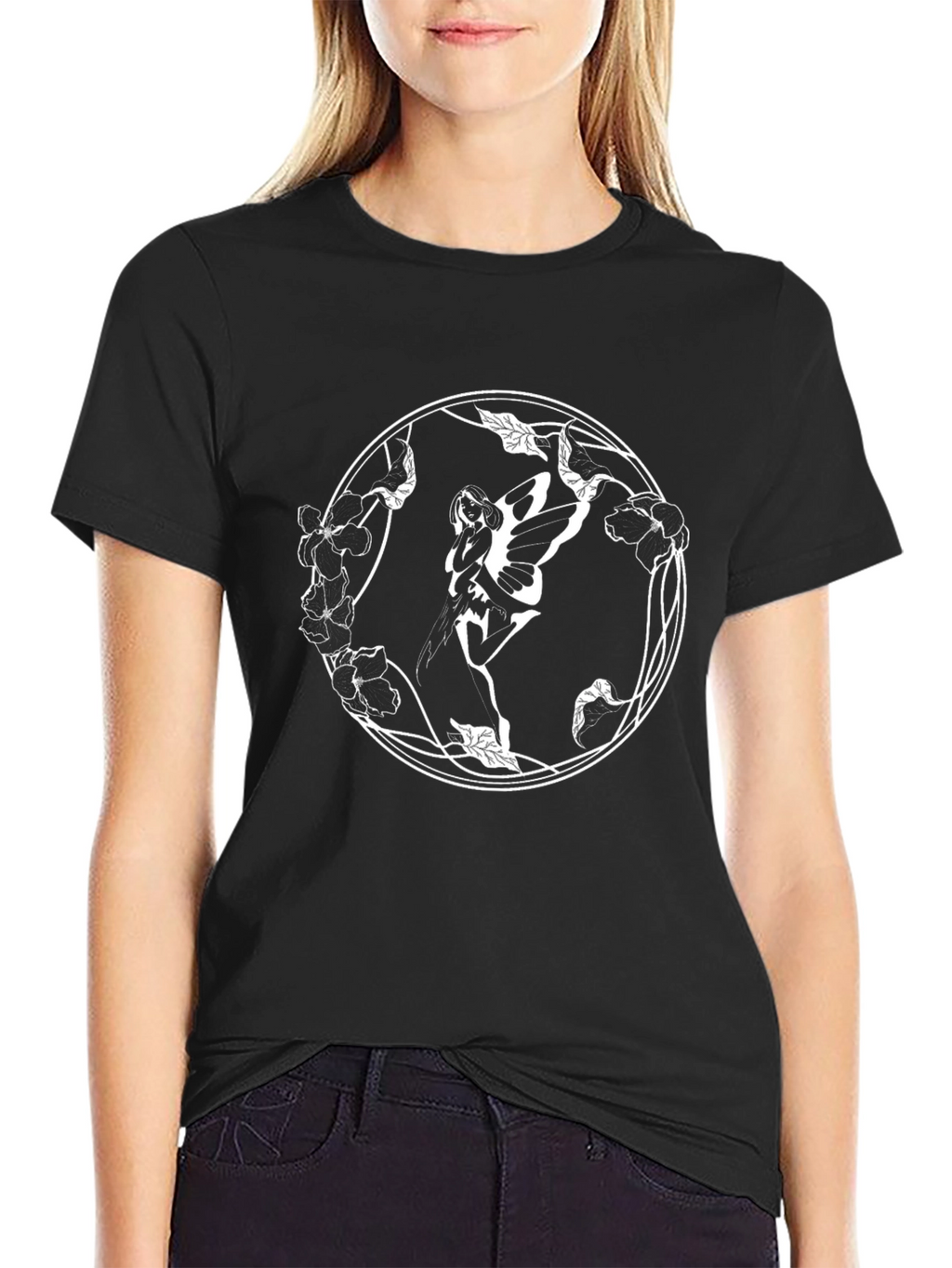 Fairy Floral Circle Graphic Black T-Shirt