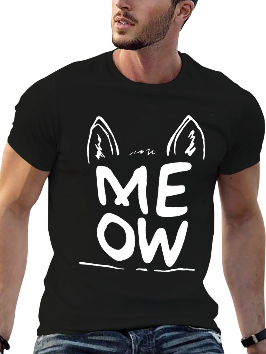 Meow Cat Ear Graphic Tee - Black Unisex T-Shirt