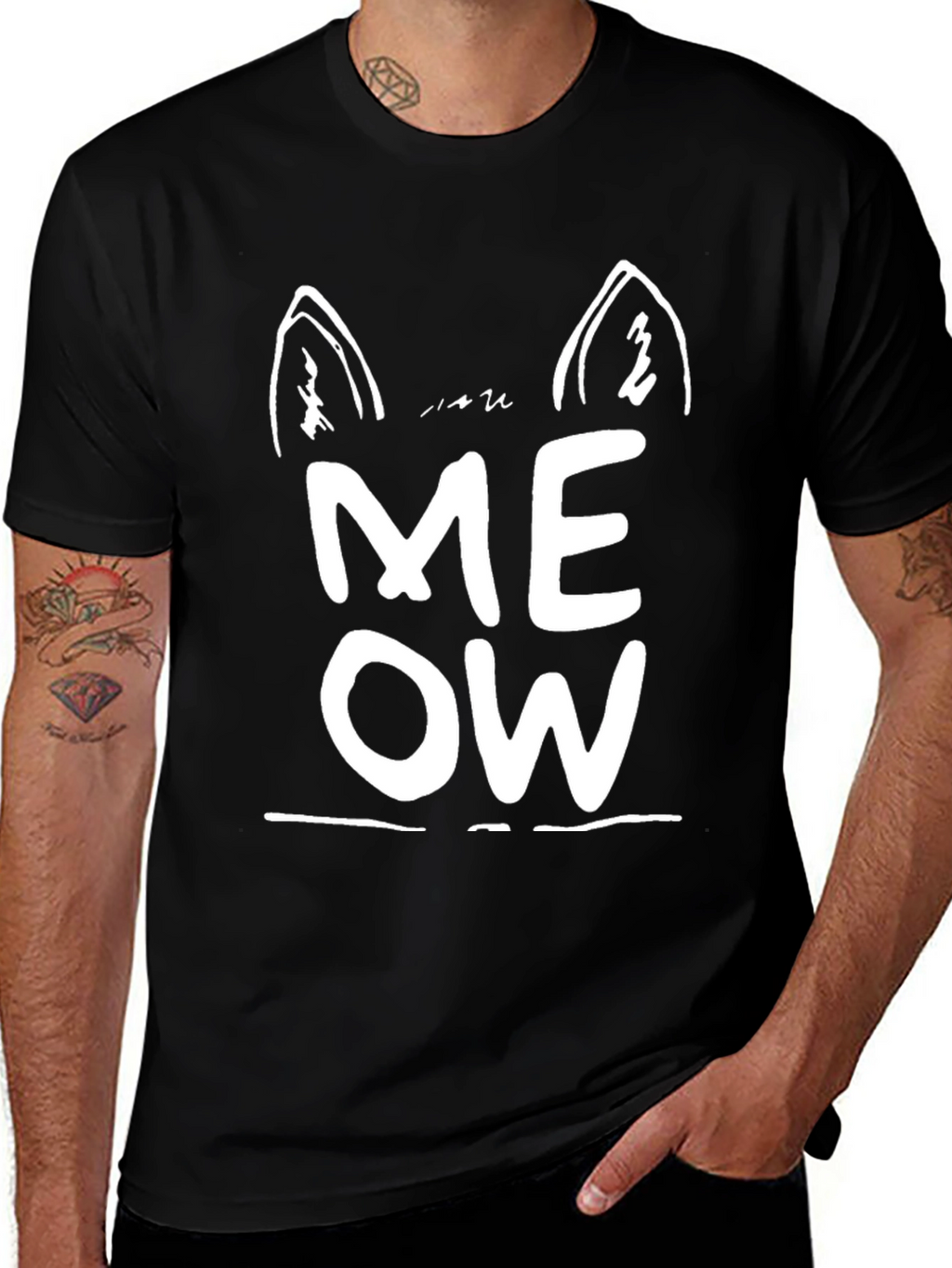 Meow Cat Ear Graphic Tee - Black Unisex T-Shirt