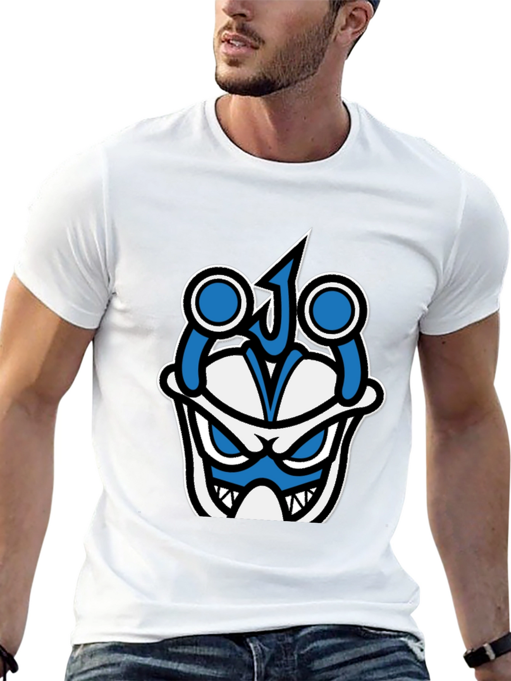 Graphic T-Shirt - Blue & White Angry Face