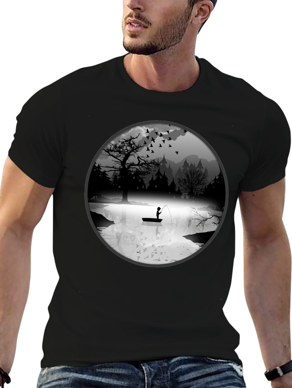 Fishing Scene Graphic Black T-Shirt