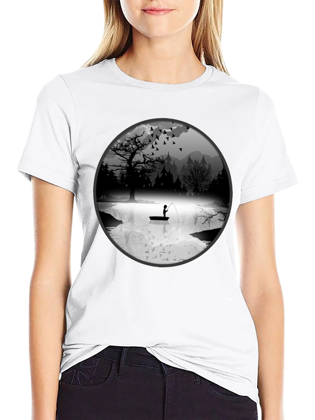 Fishing Scene Graphic Black T-Shirt