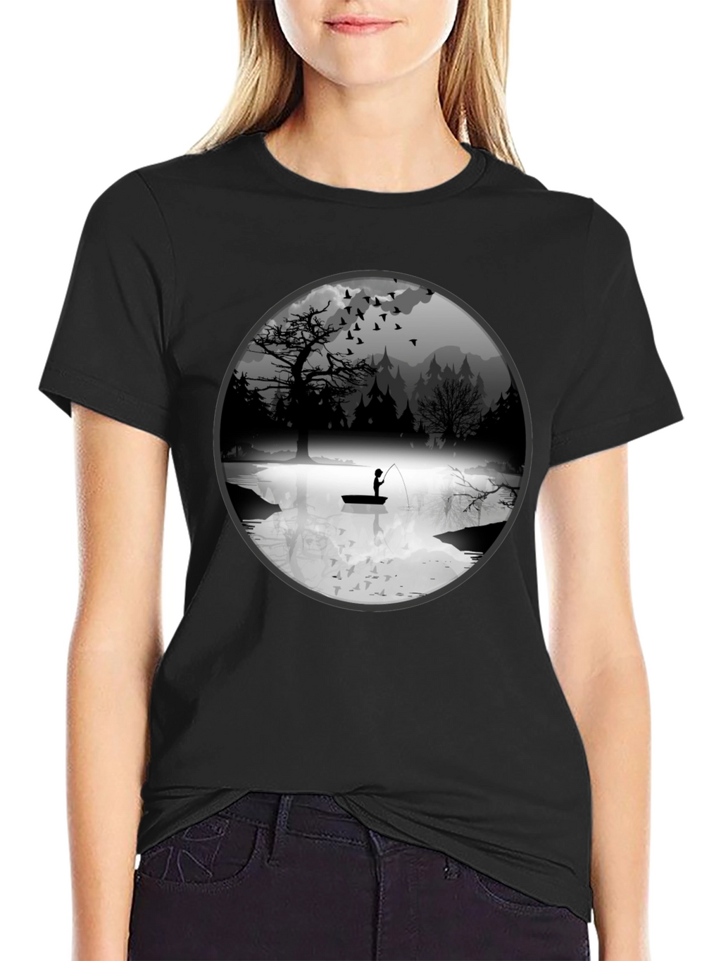 Fishing Scene Graphic Black T-Shirt