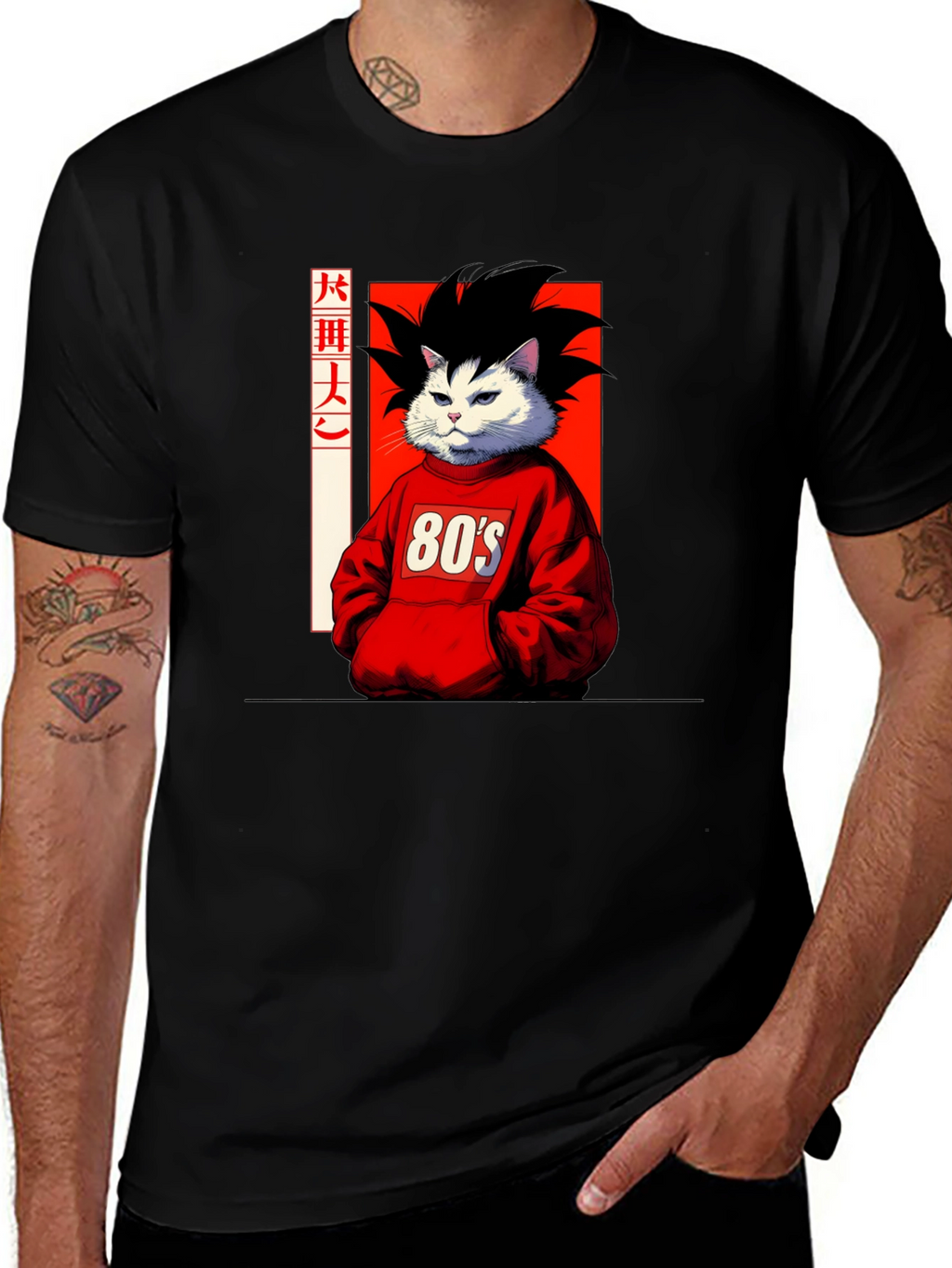 Anime Cat Graphic T-Shirt: 80s Style