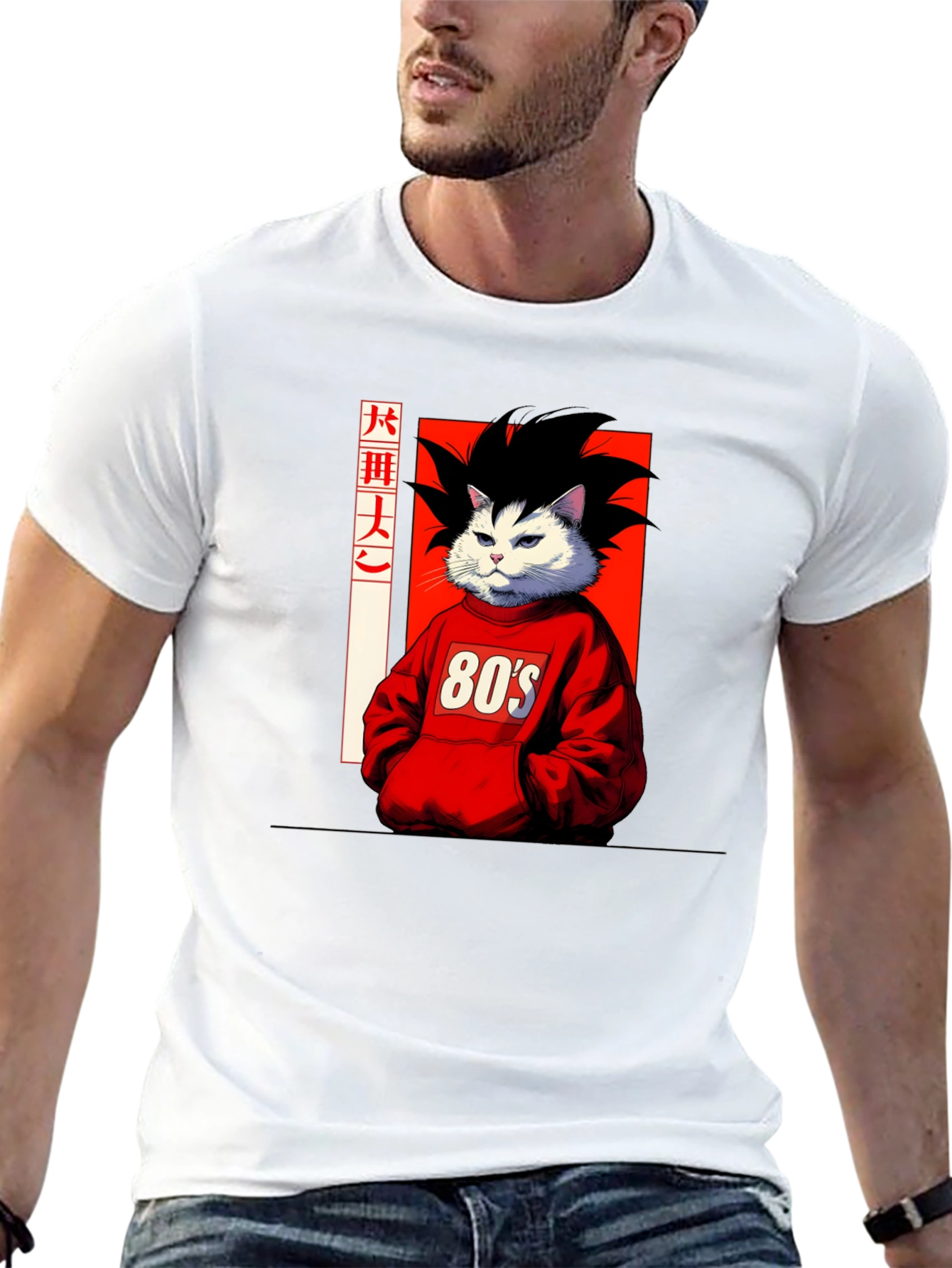 Anime Cat Graphic T-Shirt: 80s Style