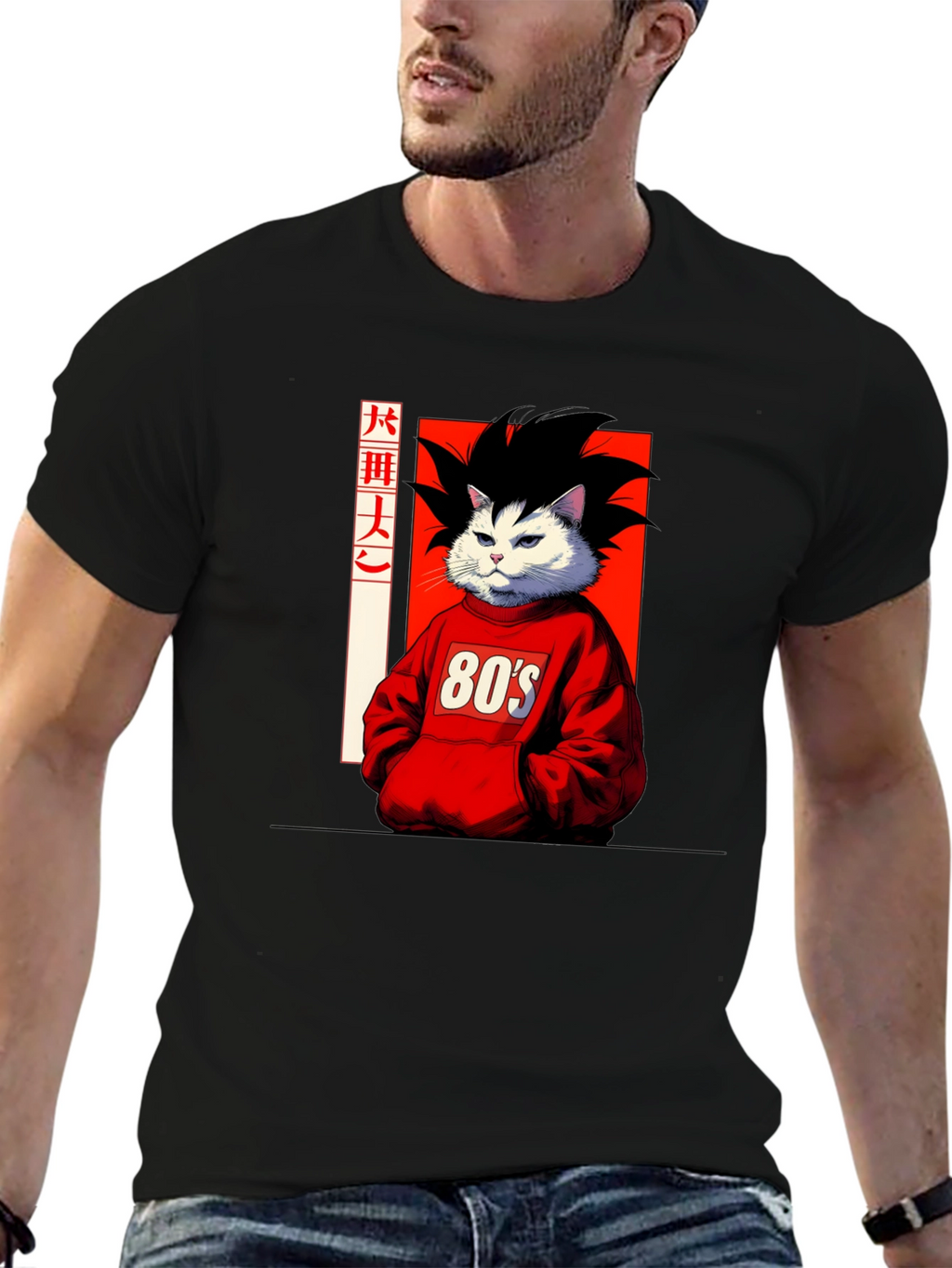 Anime Cat Graphic T-Shirt: 80s Style